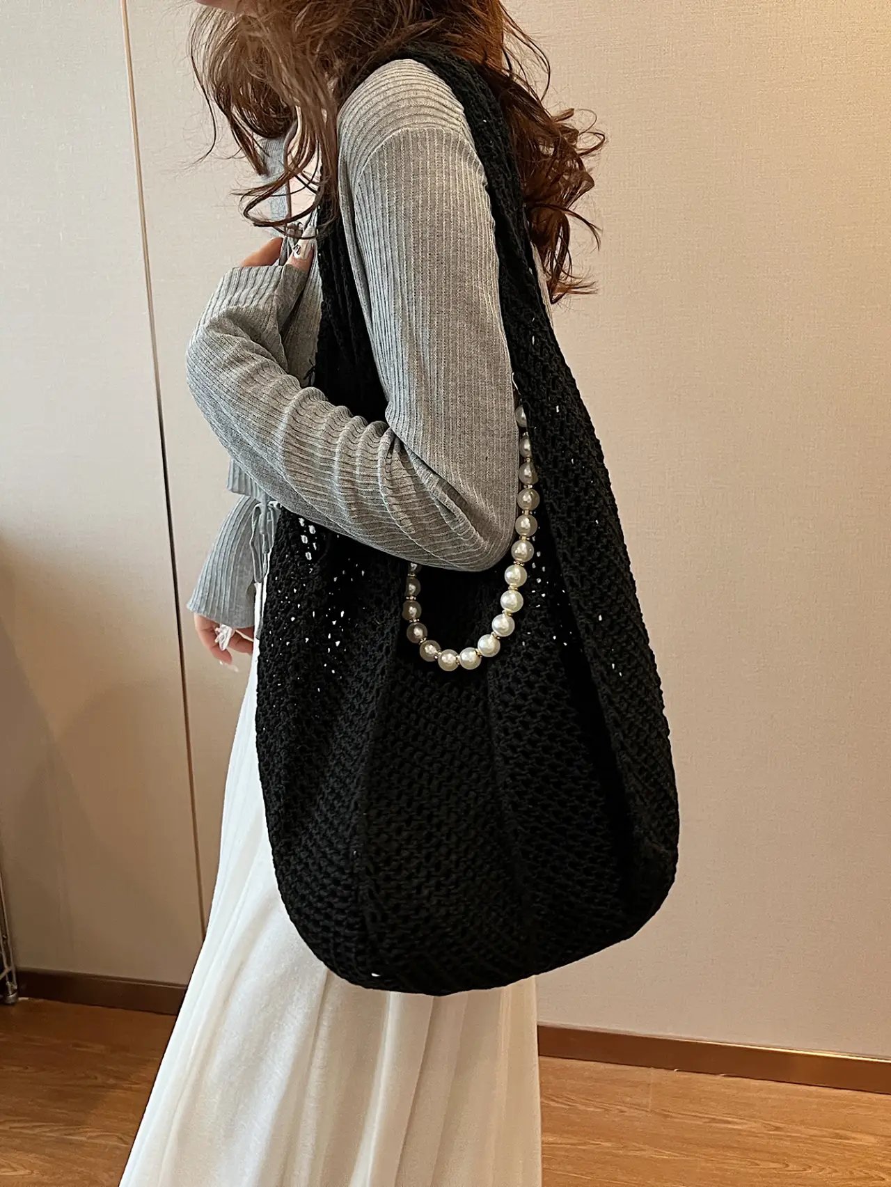 Black Crochet Shoulder Bag with Pearl Chain