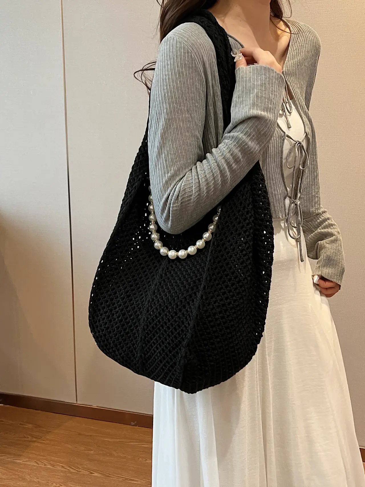 Black Crochet Shoulder Bag with Pearl Chain