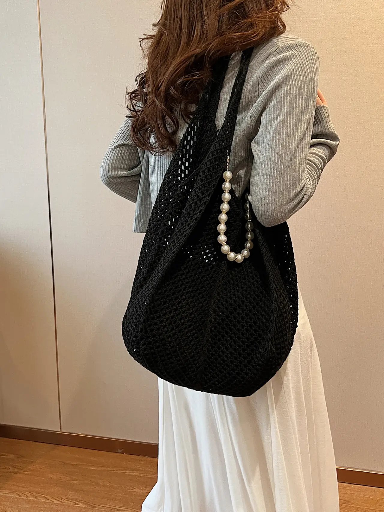 Black Crochet Shoulder Bag with Pearl Chain