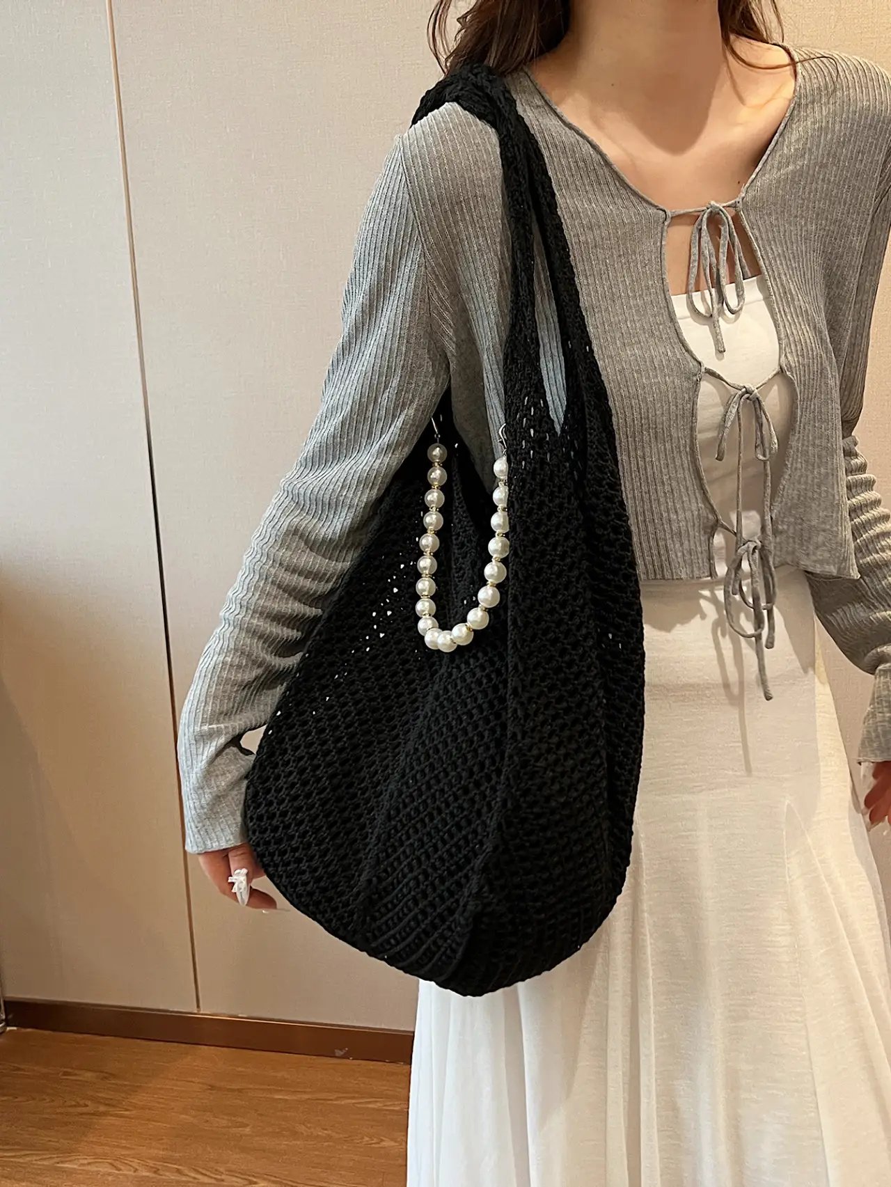 Black Crochet Shoulder Bag with Pearl Chain