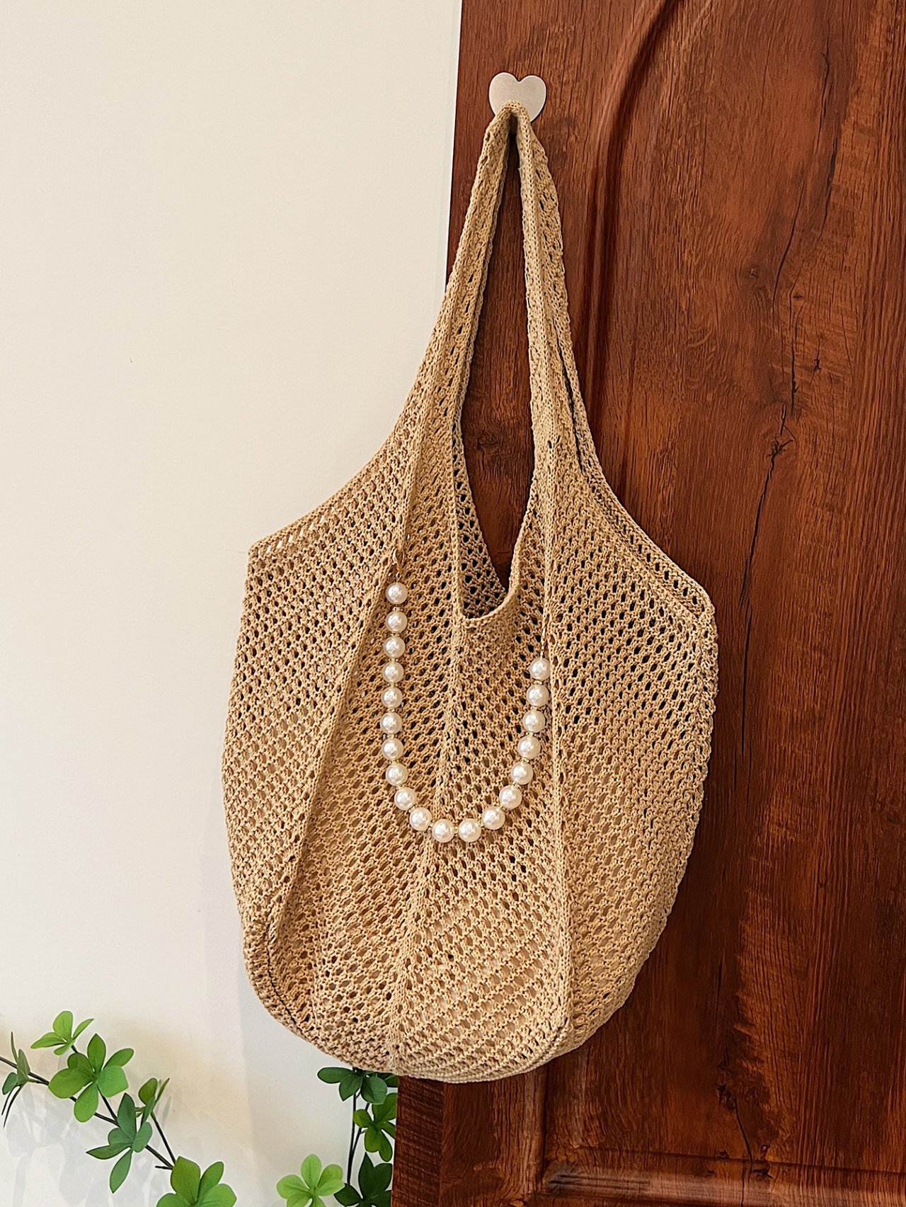 Khaki Crocheted Shoulder Bag with Pearl Detail