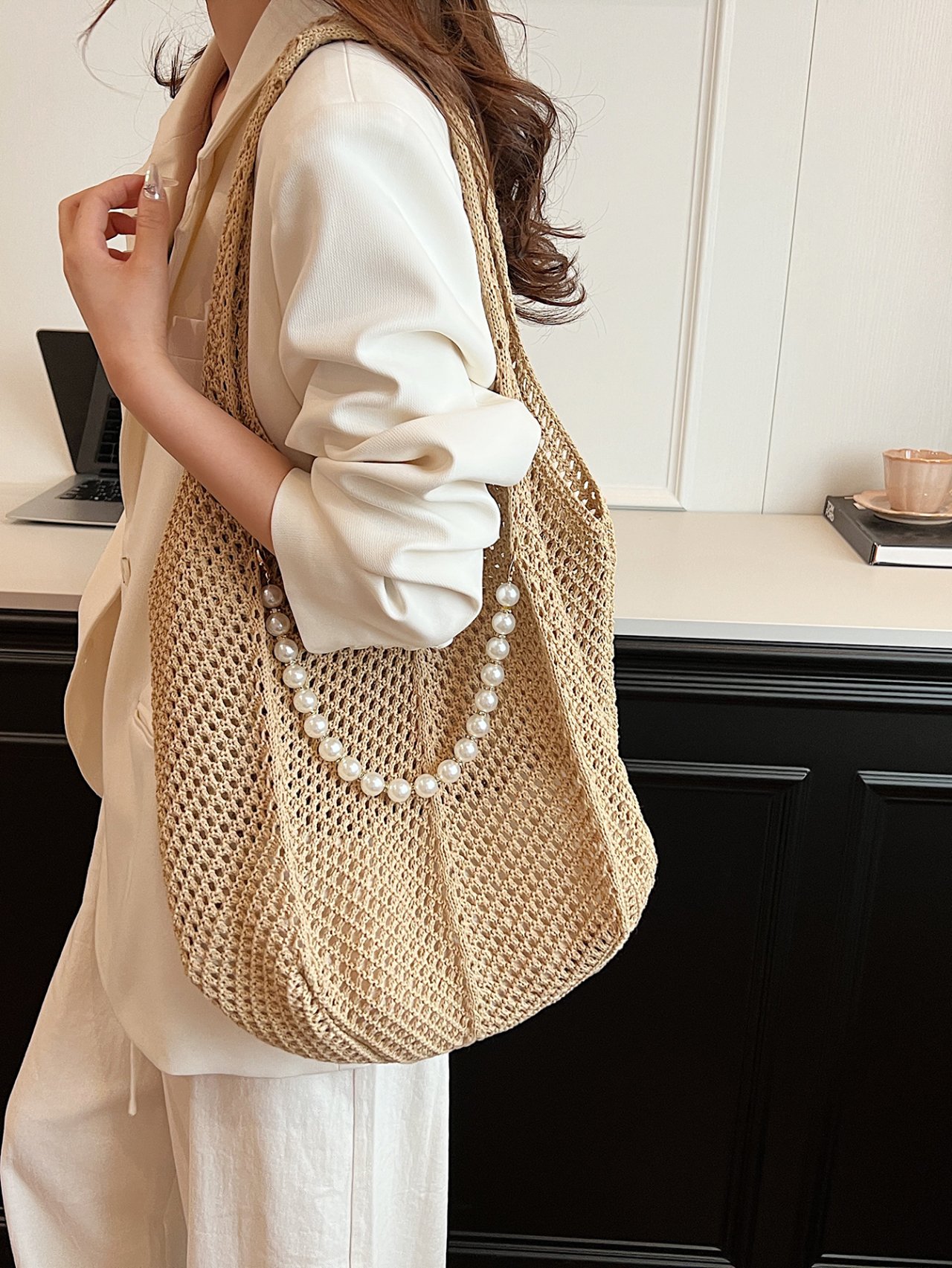 Khaki Crocheted Shoulder Bag with Pearl Detail