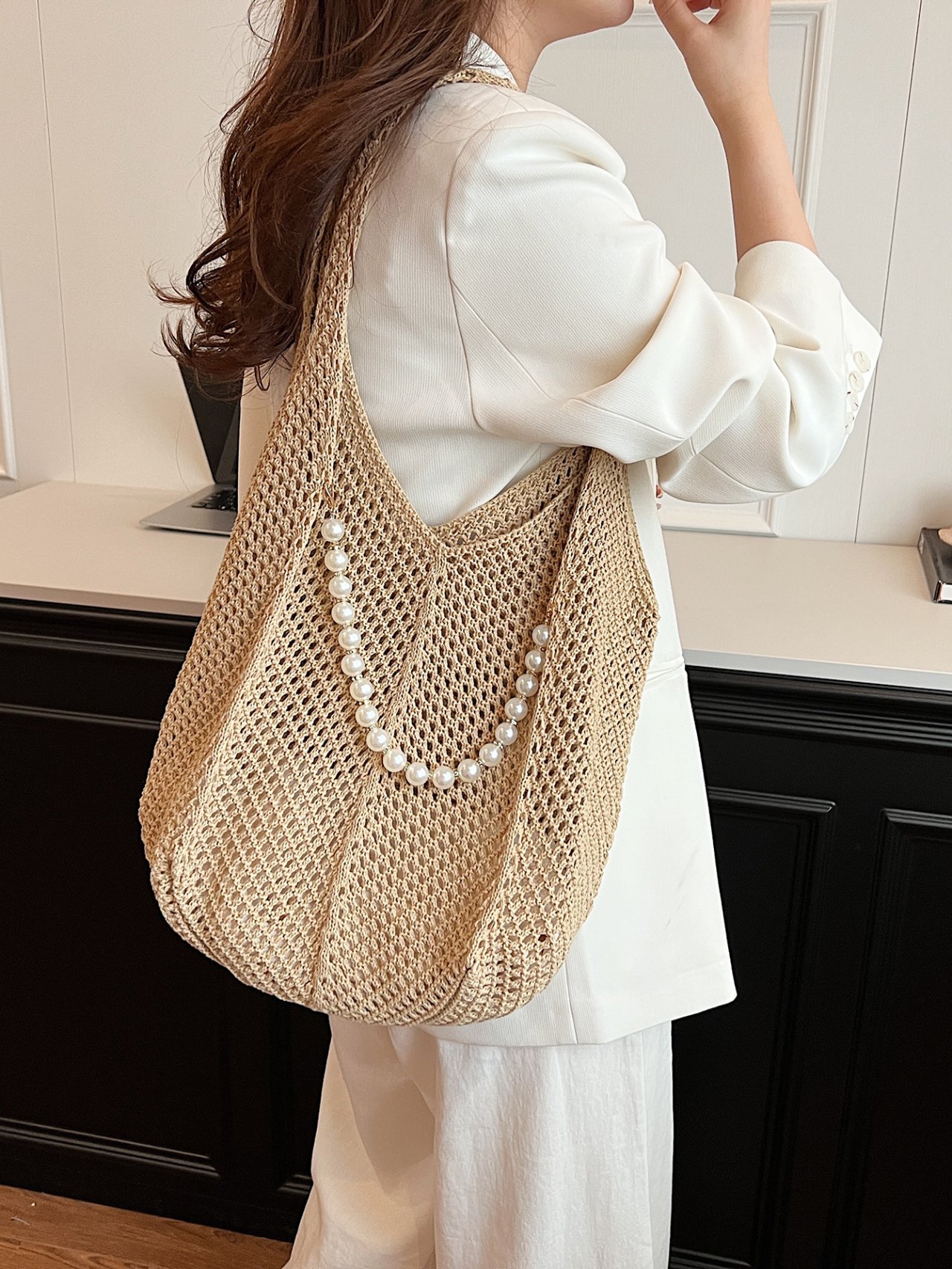 Khaki Crocheted Shoulder Bag with Pearl Detail