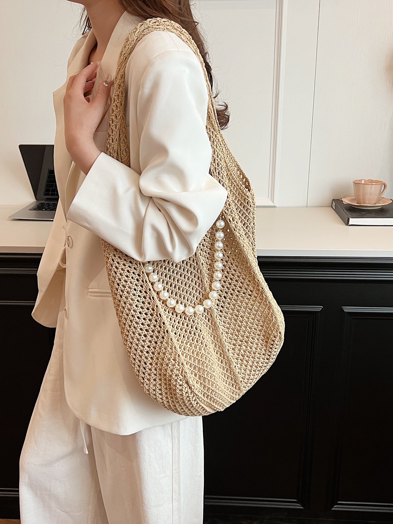 Khaki Crocheted Shoulder Bag with Pearl Detail