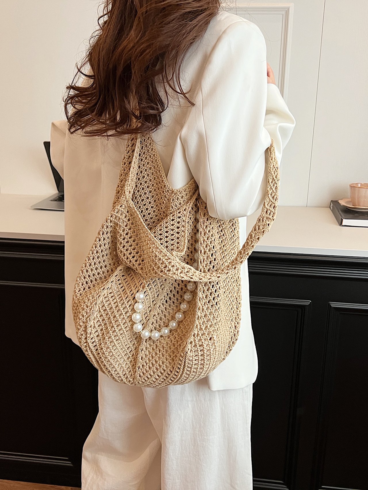 Khaki Crocheted Shoulder Bag with Pearl Detail