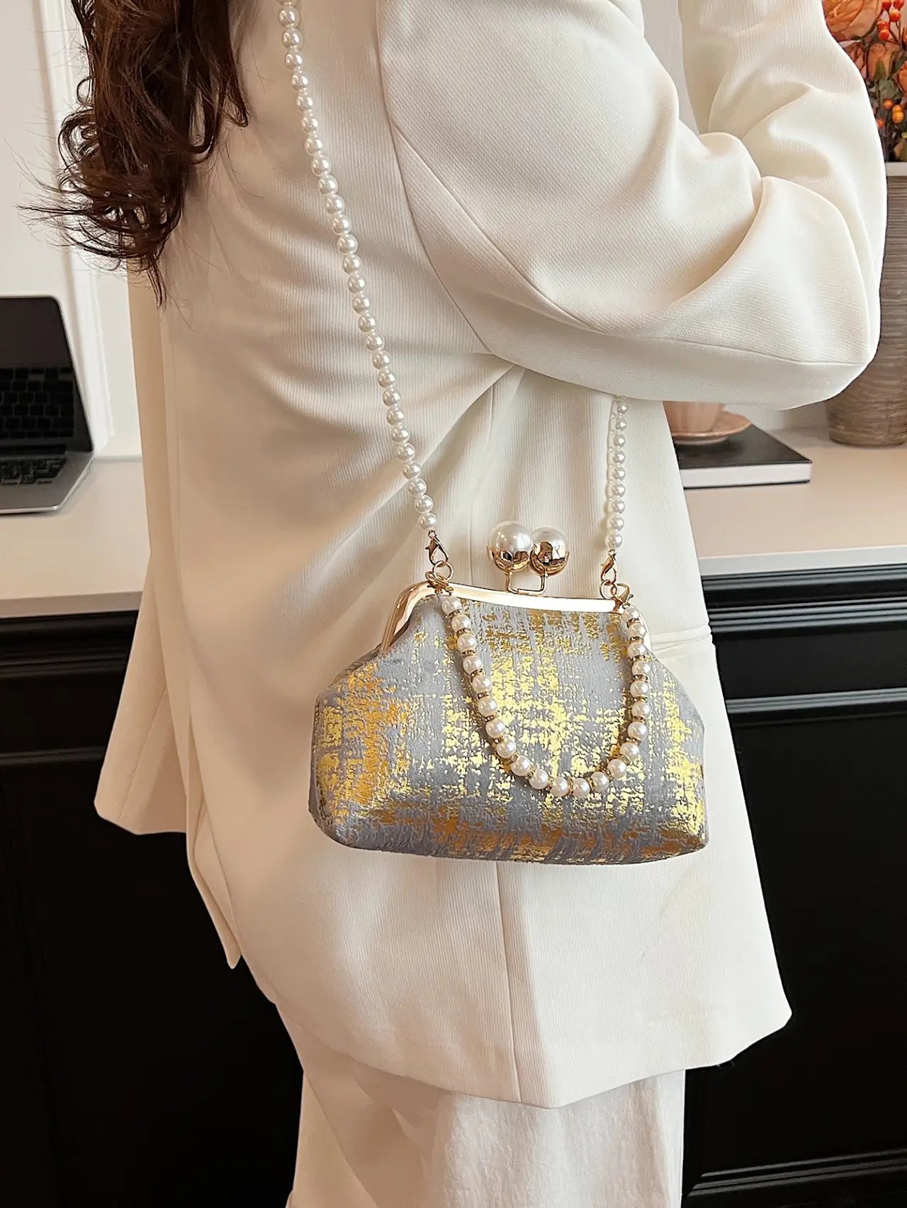Grey Pearl Strap Clutch Bag