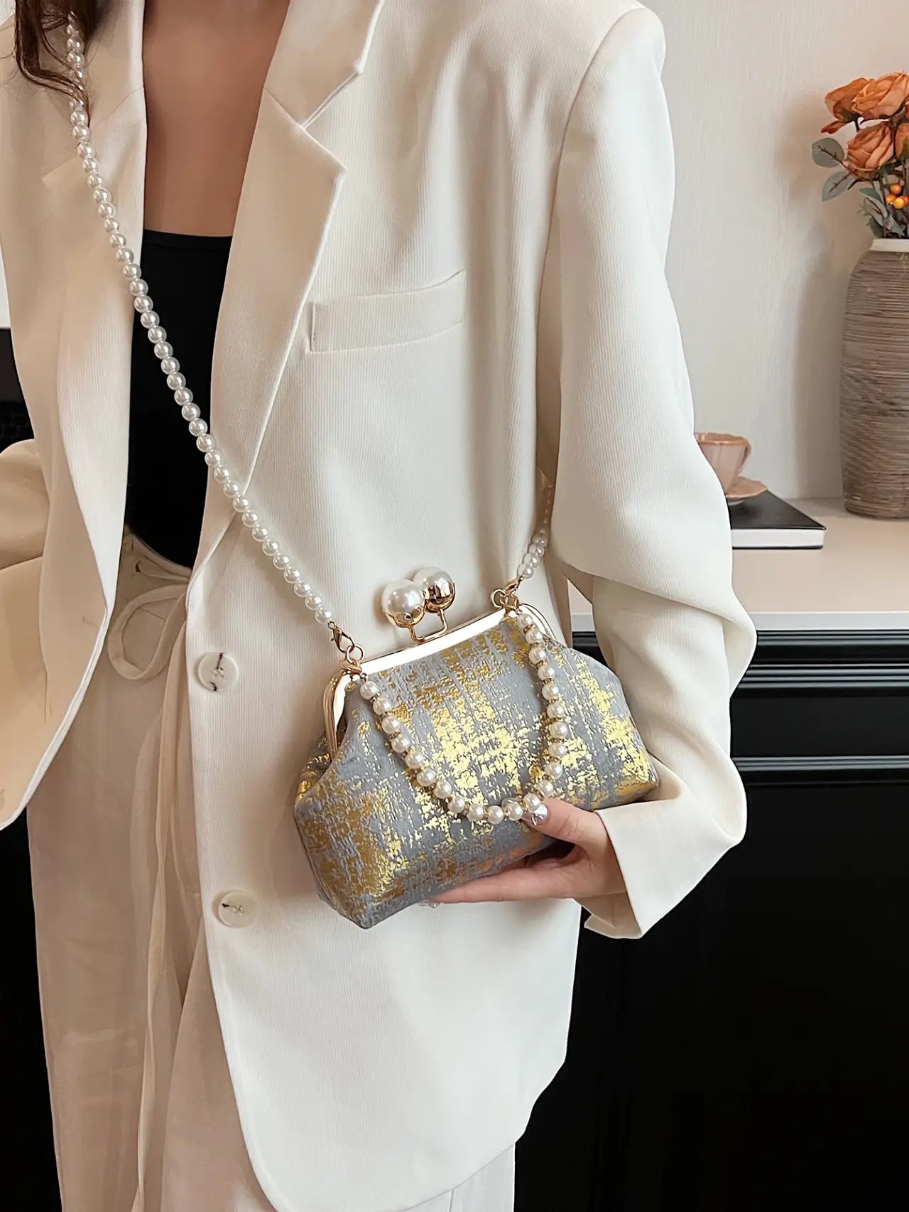 Grey Pearl Strap Clutch Bag