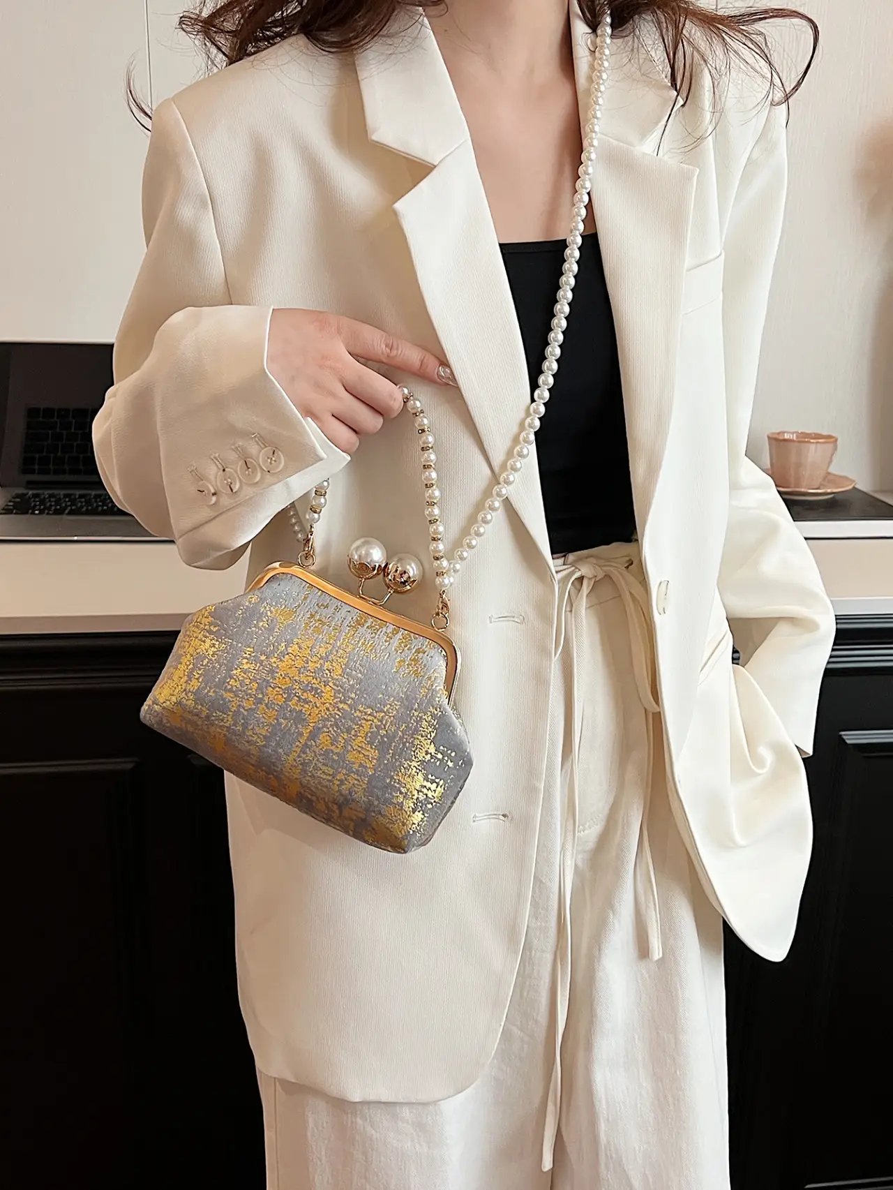 Grey Pearl Strap Clutch Bag