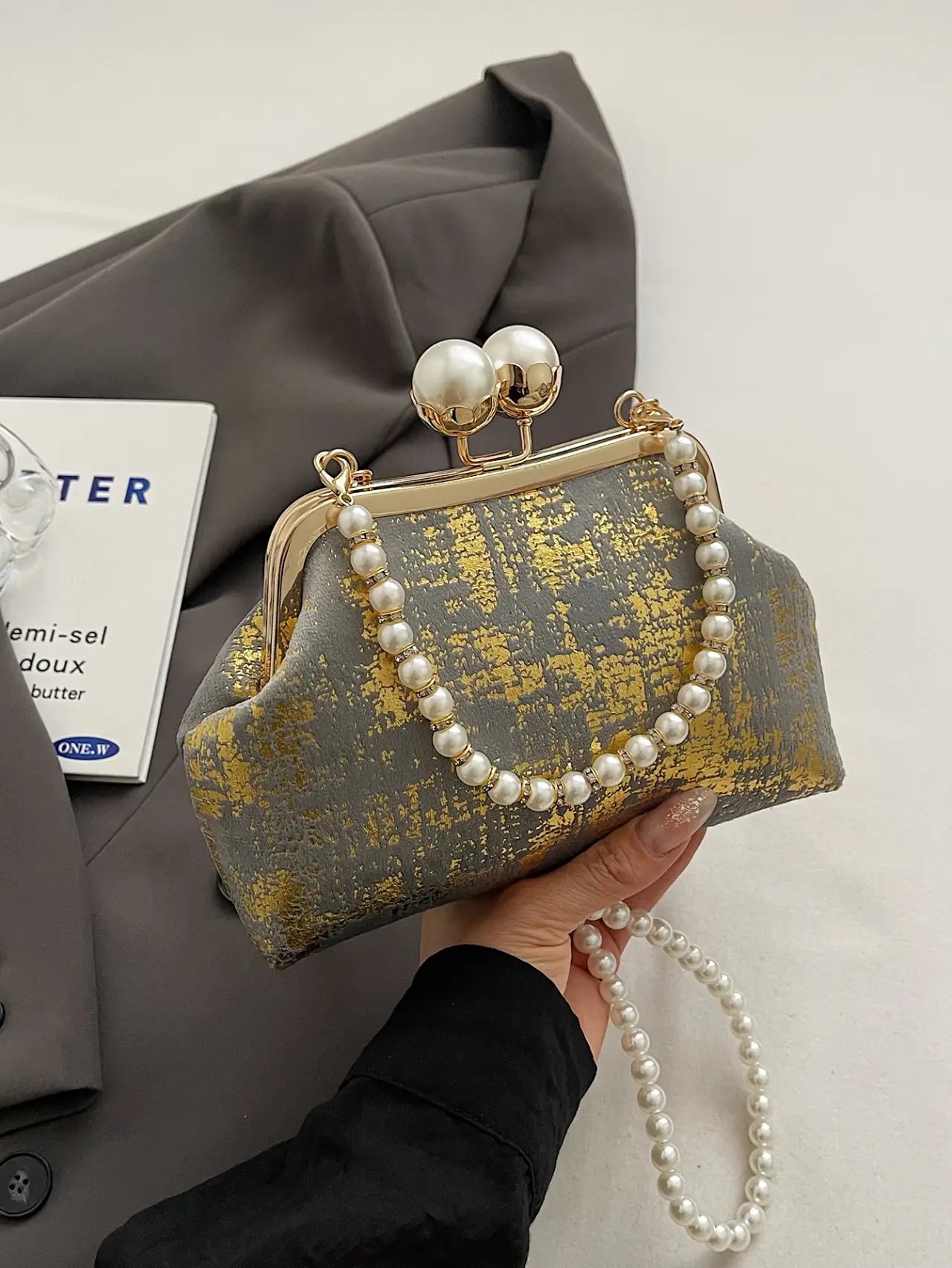 Grey Pearl Strap Clutch Bag