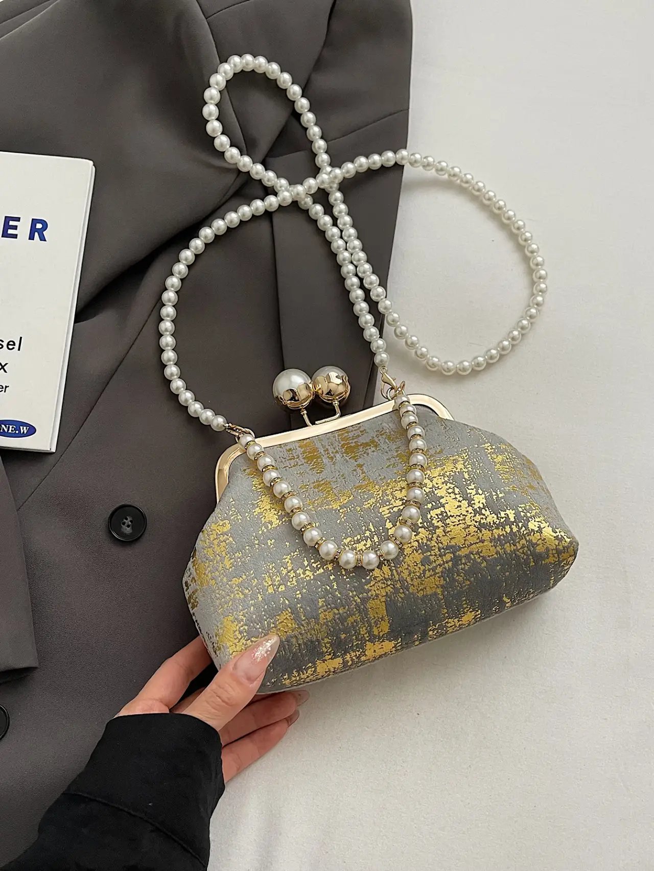 Grey Pearl Strap Clutch Bag