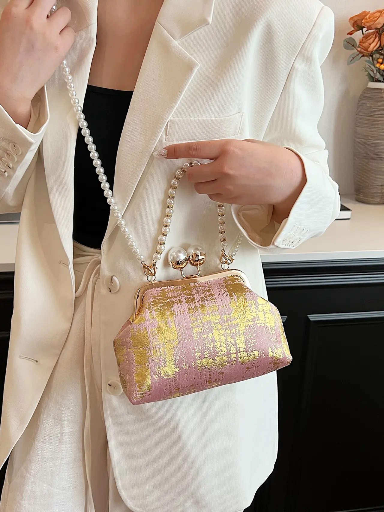 Pink Foil Print Clutch Bag with Pearl Strap