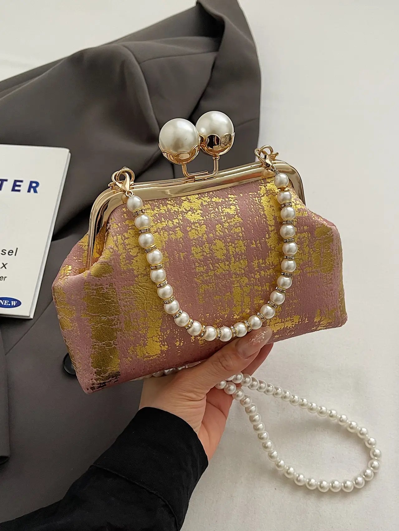 Pink Foil Print Clutch Bag with Pearl Strap
