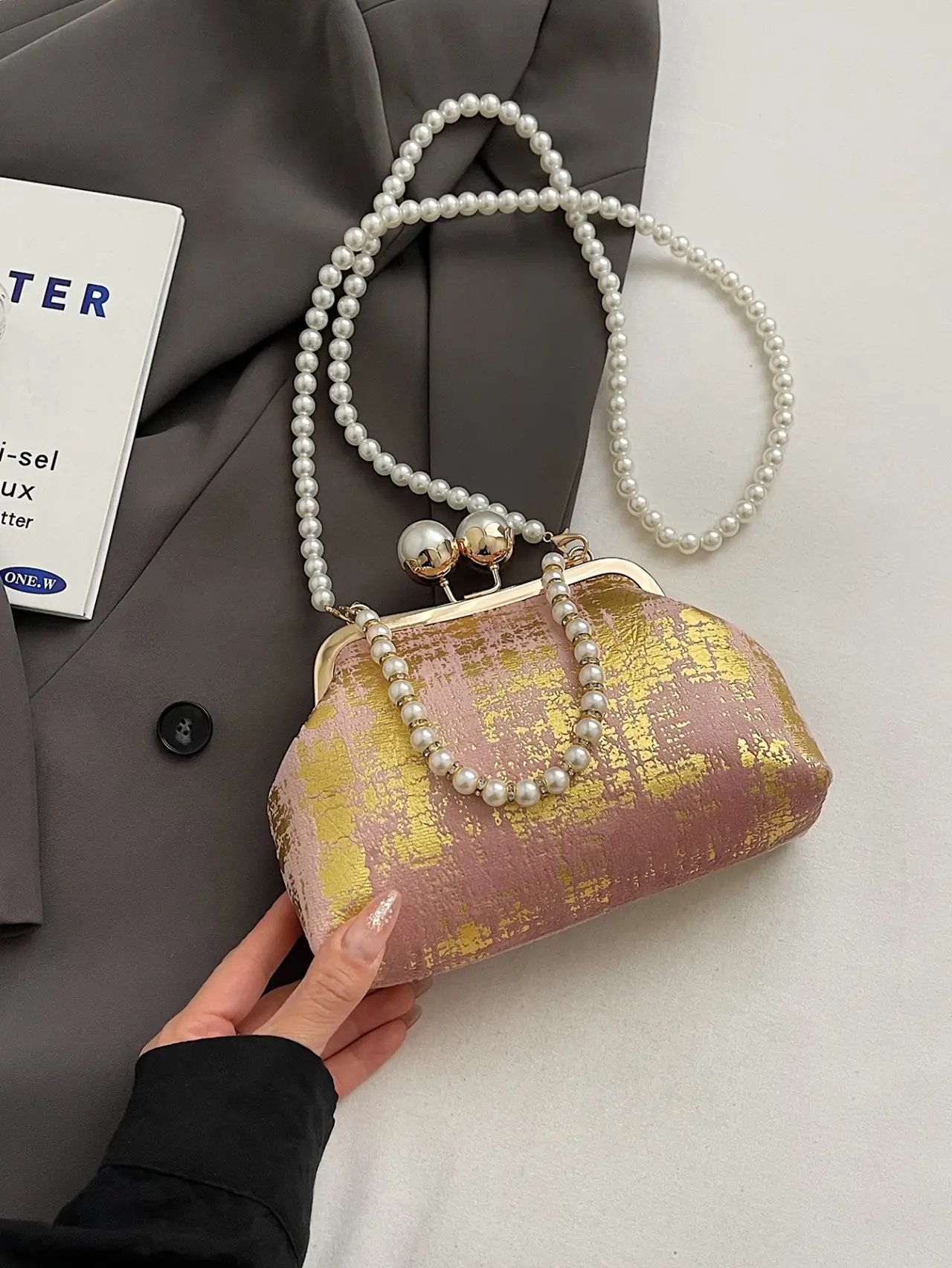 Pink Foil Print Clutch Bag with Pearl Strap