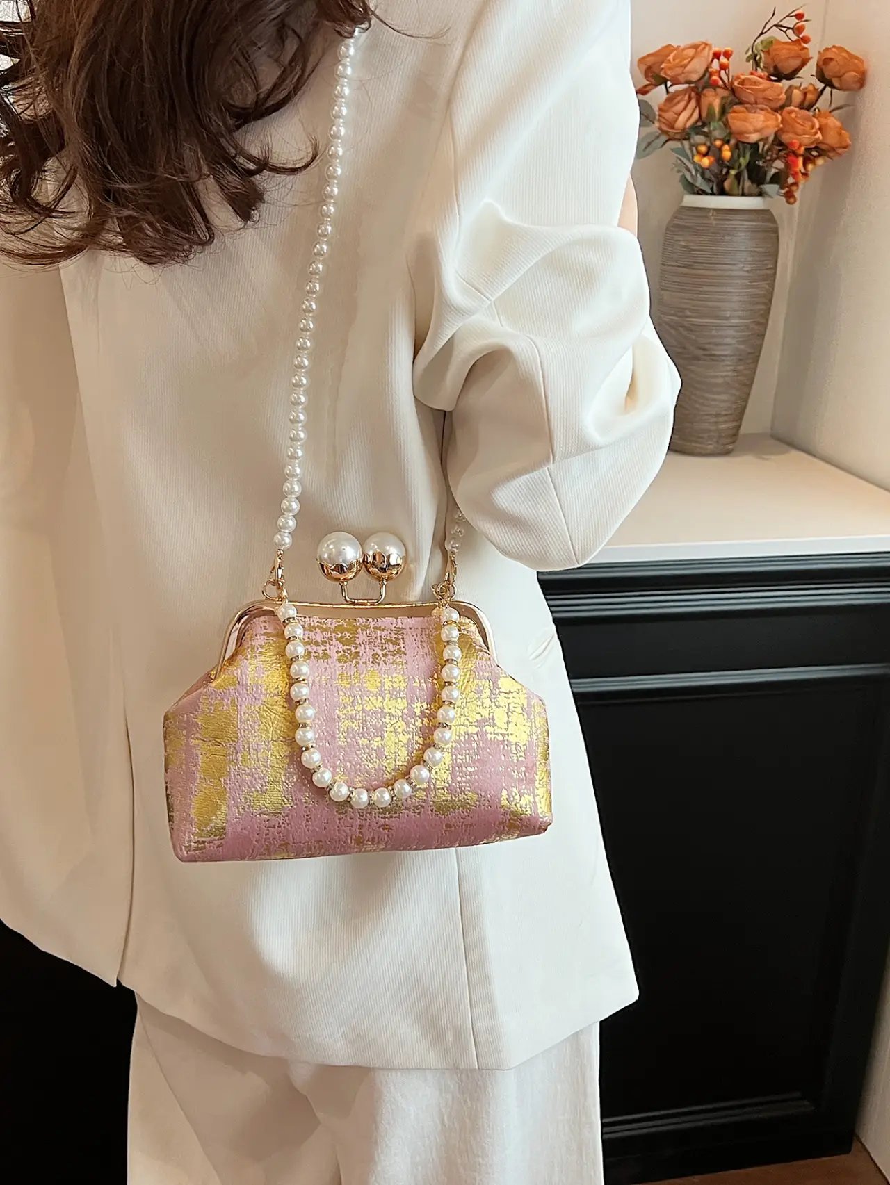Pink Foil Print Clutch Bag with Pearl Strap