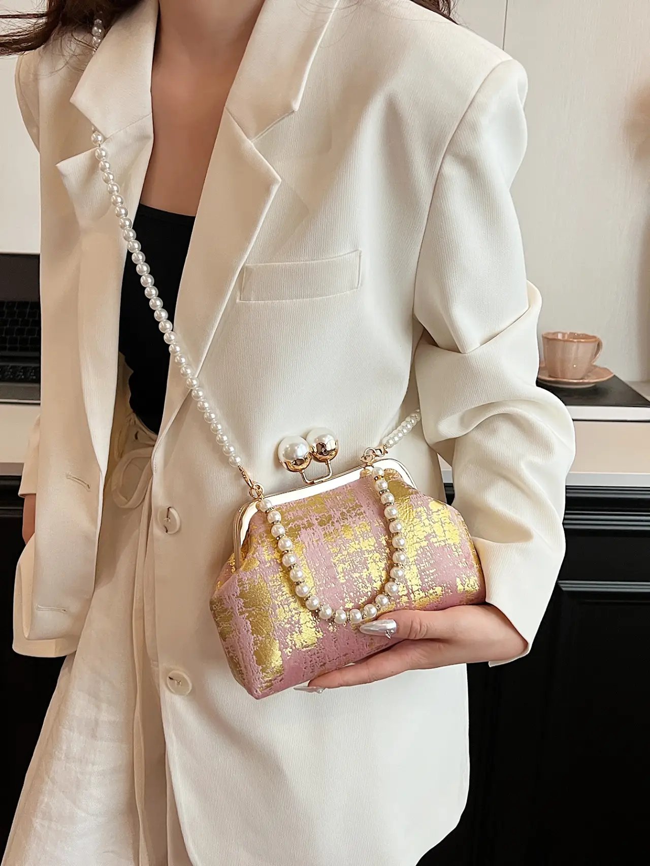 Pink Foil Print Clutch Bag with Pearl Strap