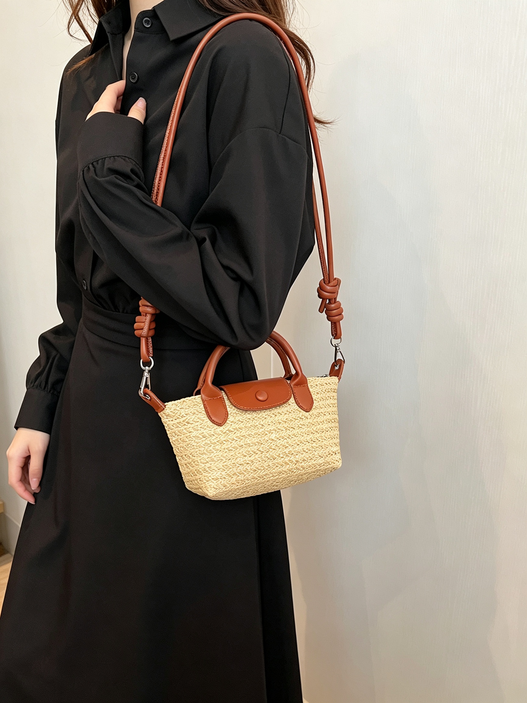 Khaki Textured Shoulder Bag with Faux Leather Trim
