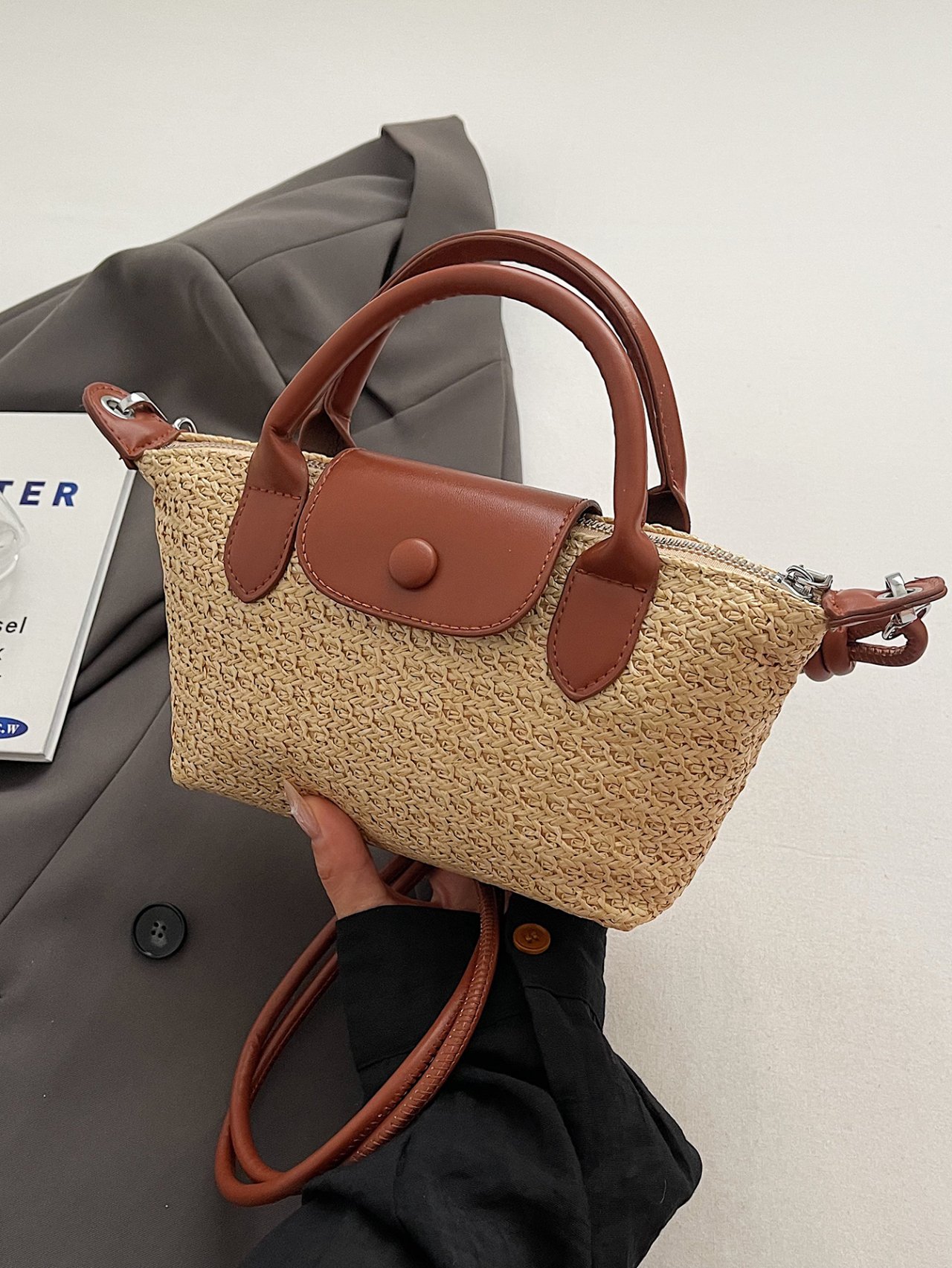 Khaki Textured Shoulder Bag with Faux Leather Trim