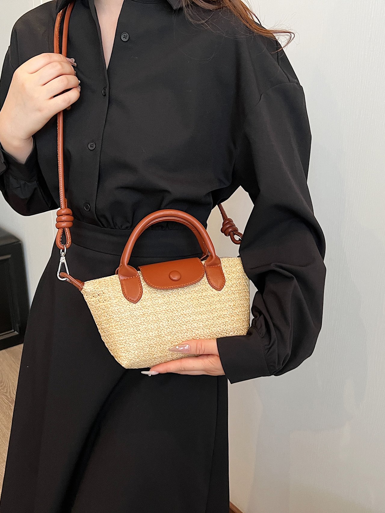 Khaki Textured Shoulder Bag with Faux Leather Trim
