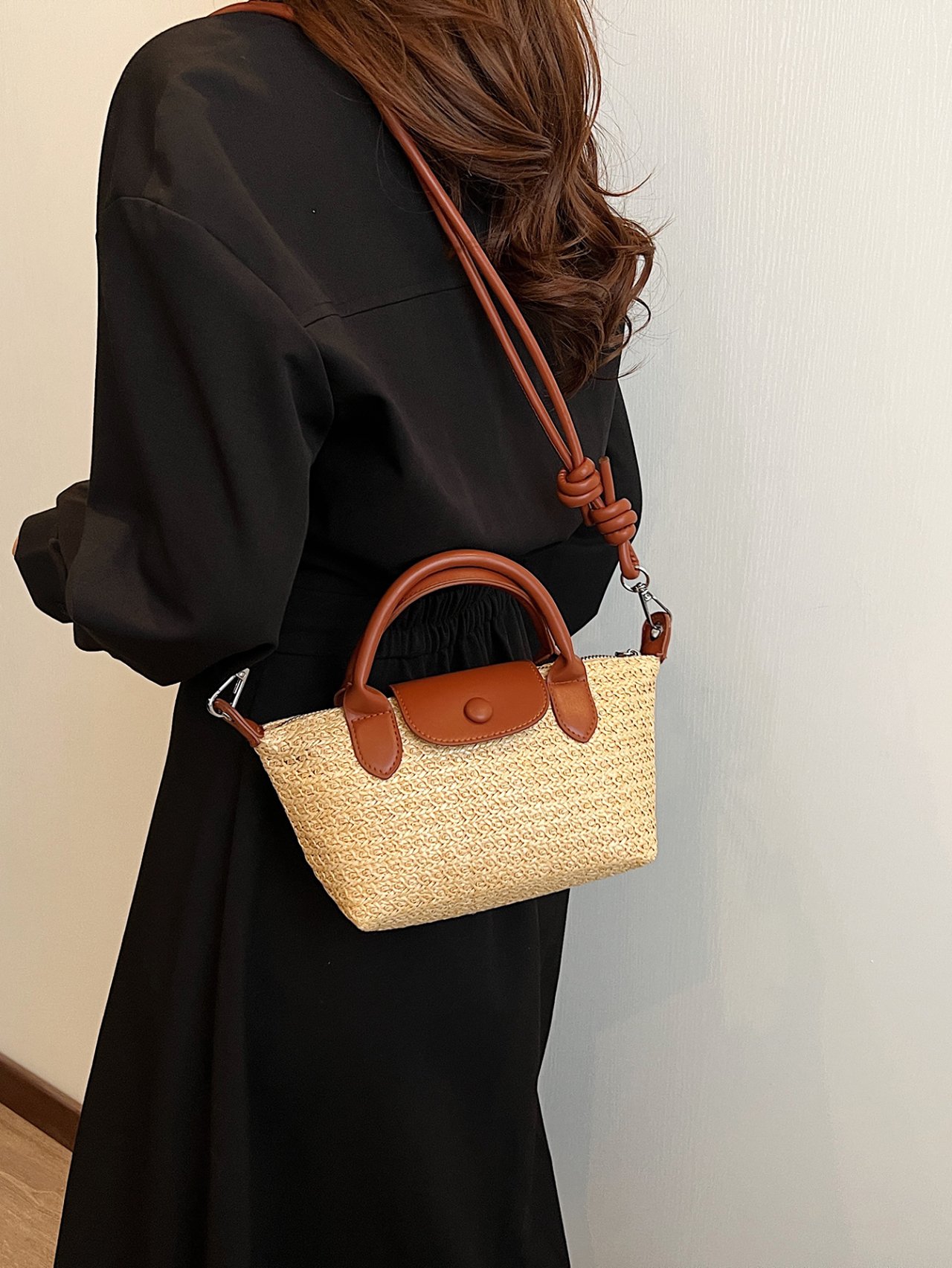 Khaki Textured Shoulder Bag with Faux Leather Trim