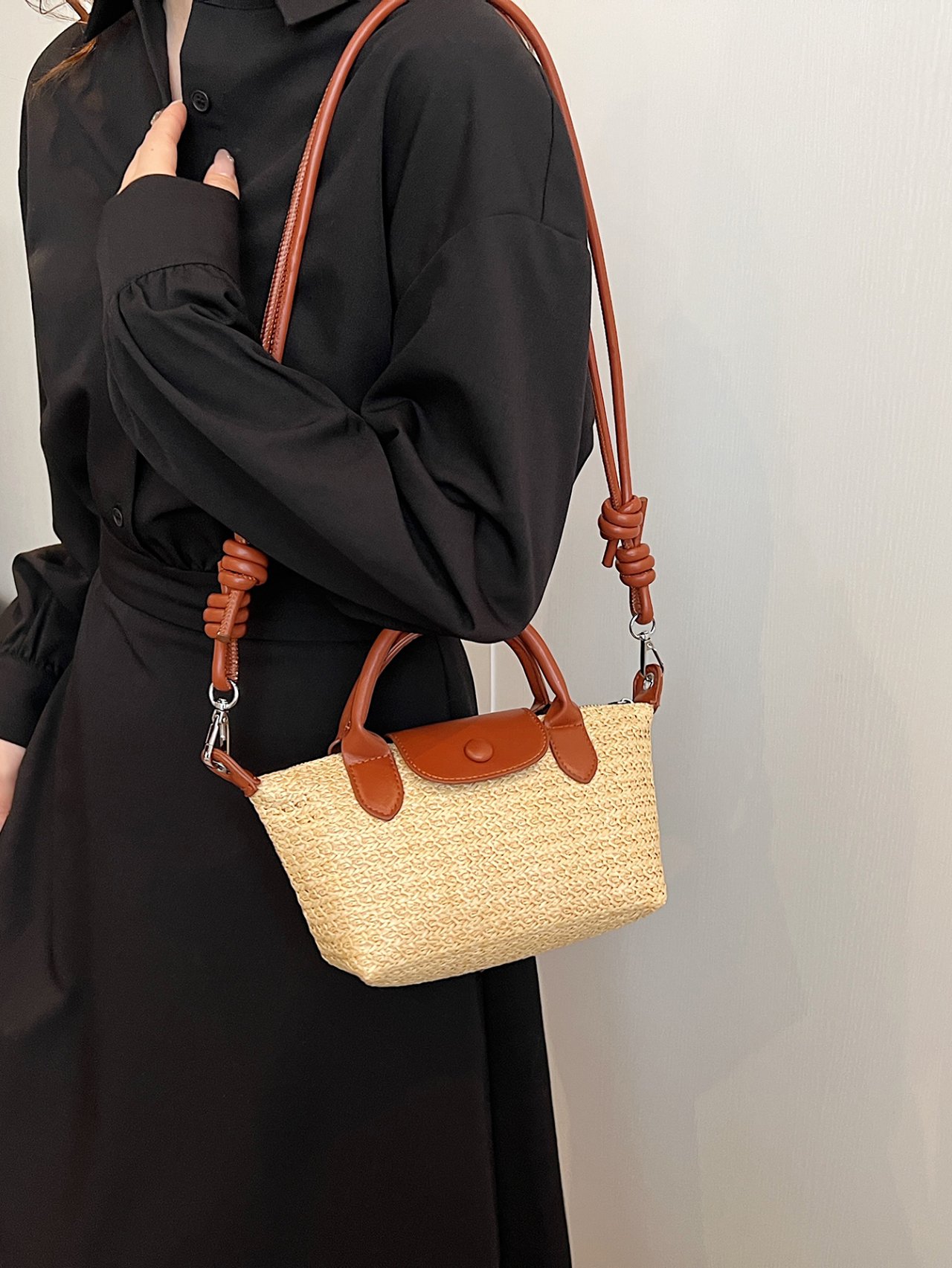 Khaki Textured Shoulder Bag with Faux Leather Trim