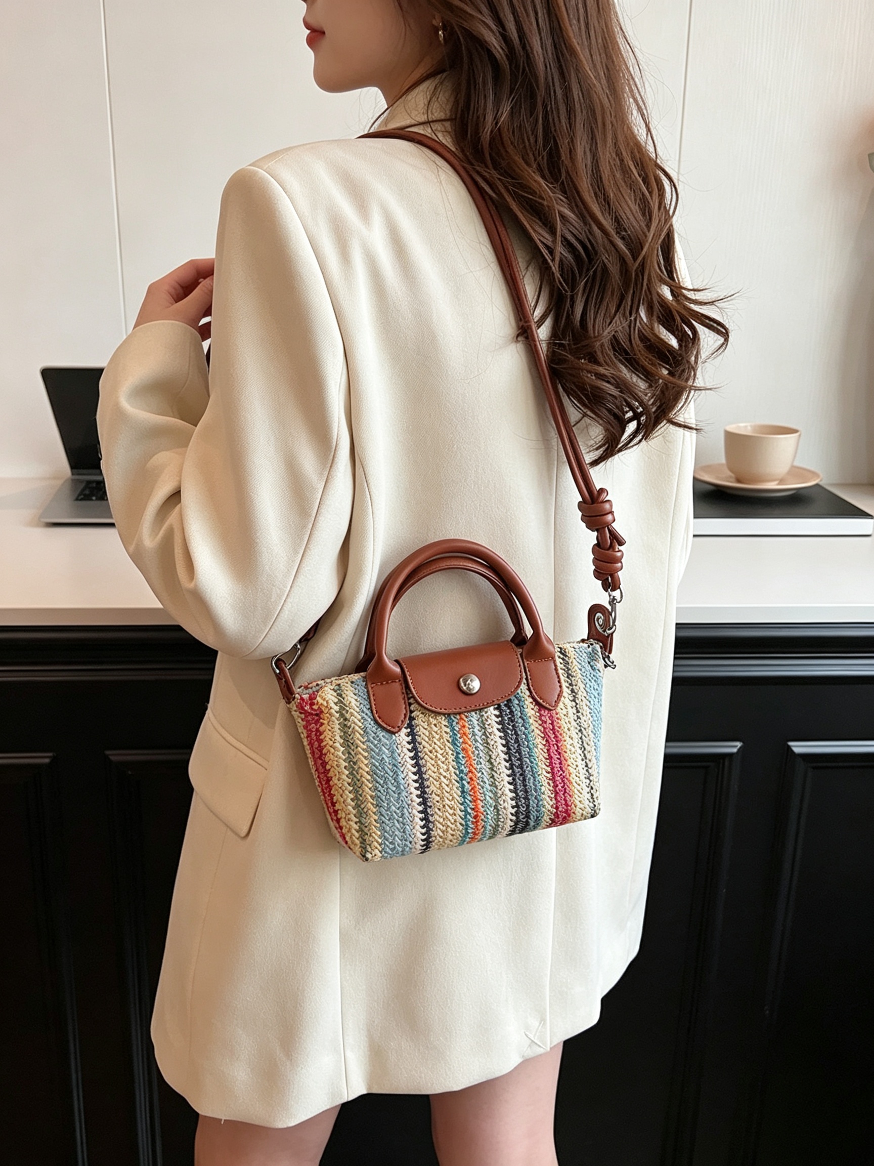 Textured Striped Straw Crossbody Bag