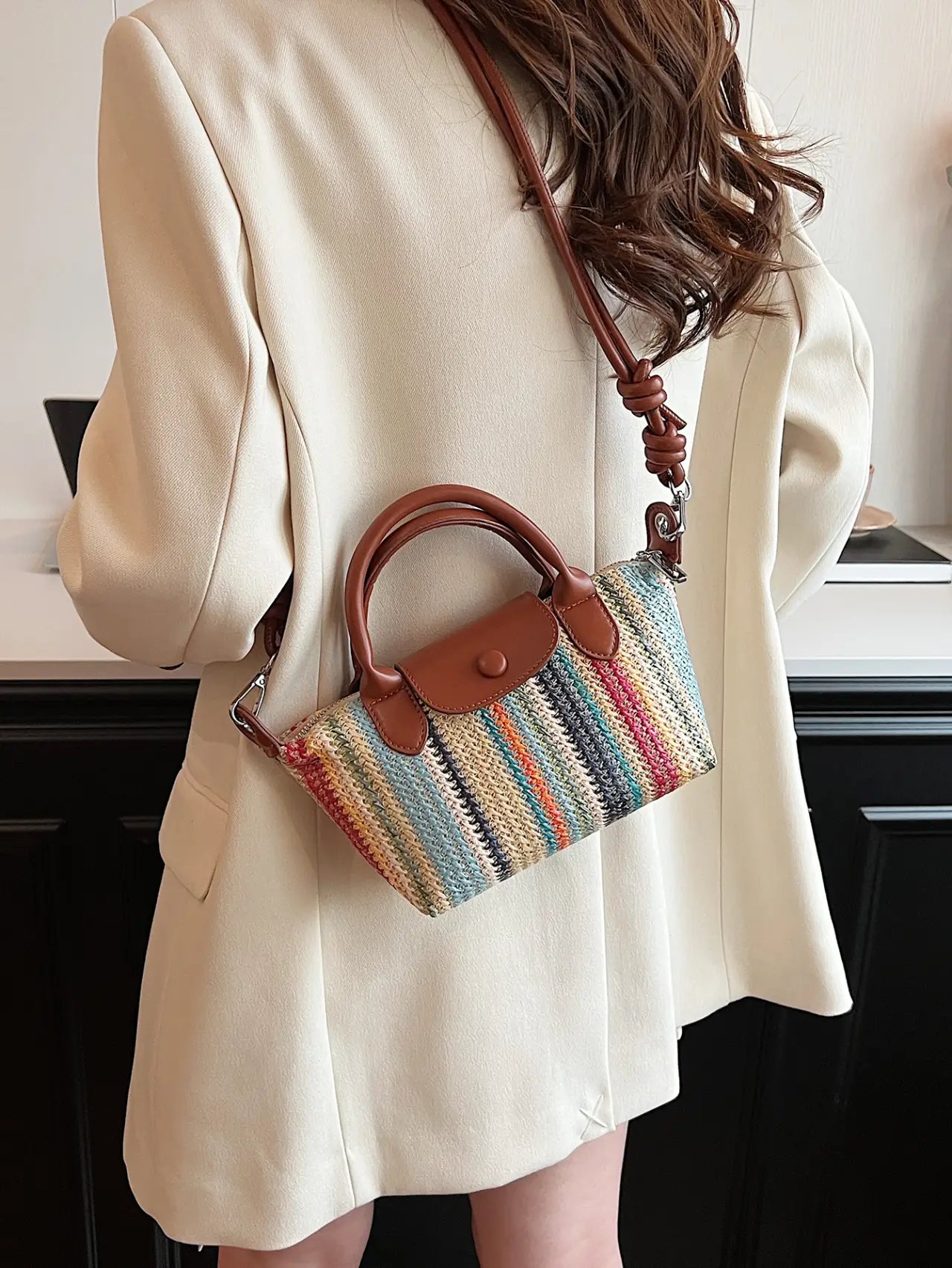 Textured Striped Straw Crossbody Bag