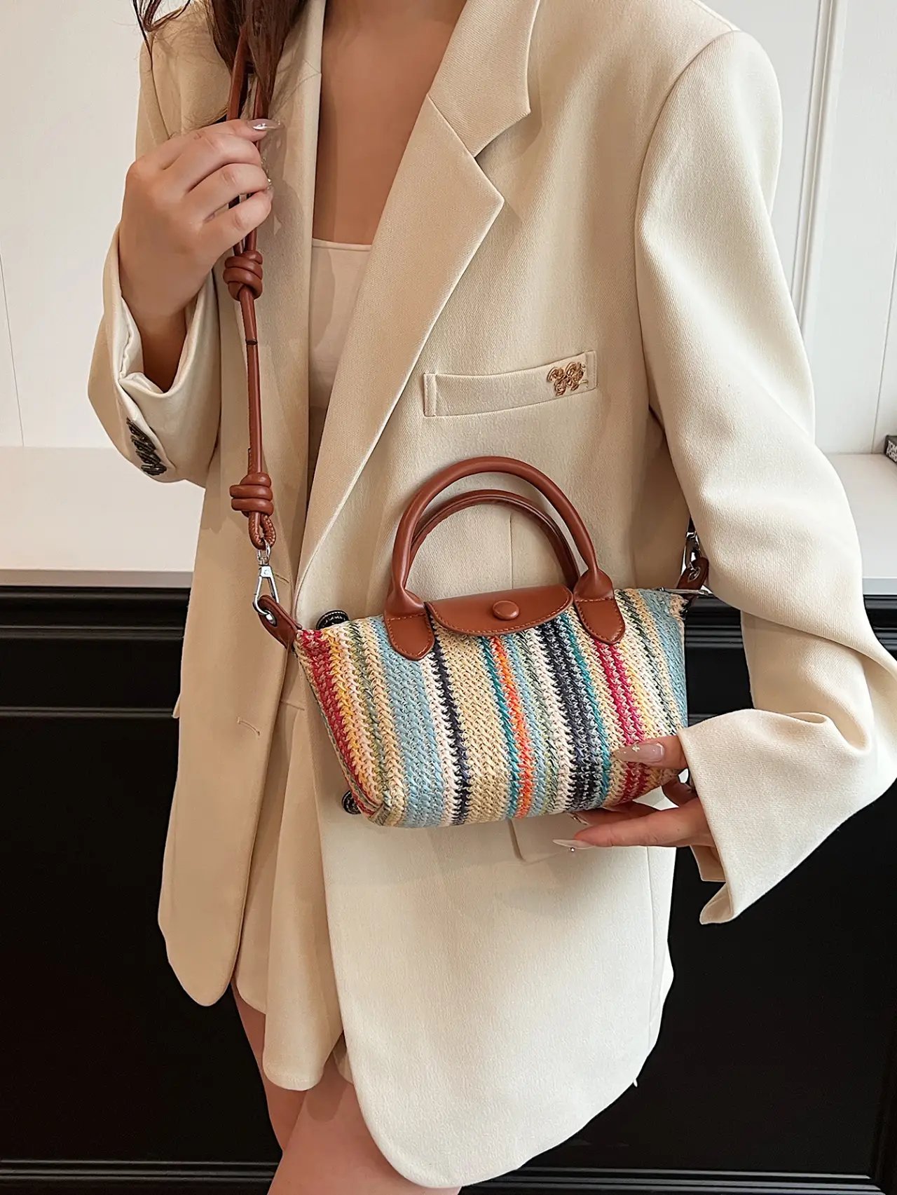 Textured Striped Straw Crossbody Bag