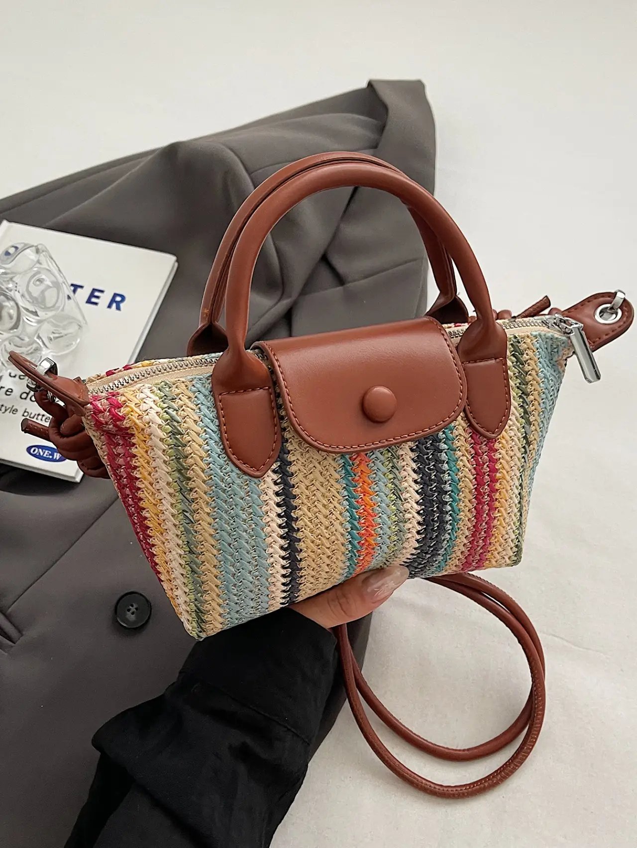 Textured Striped Straw Crossbody Bag
