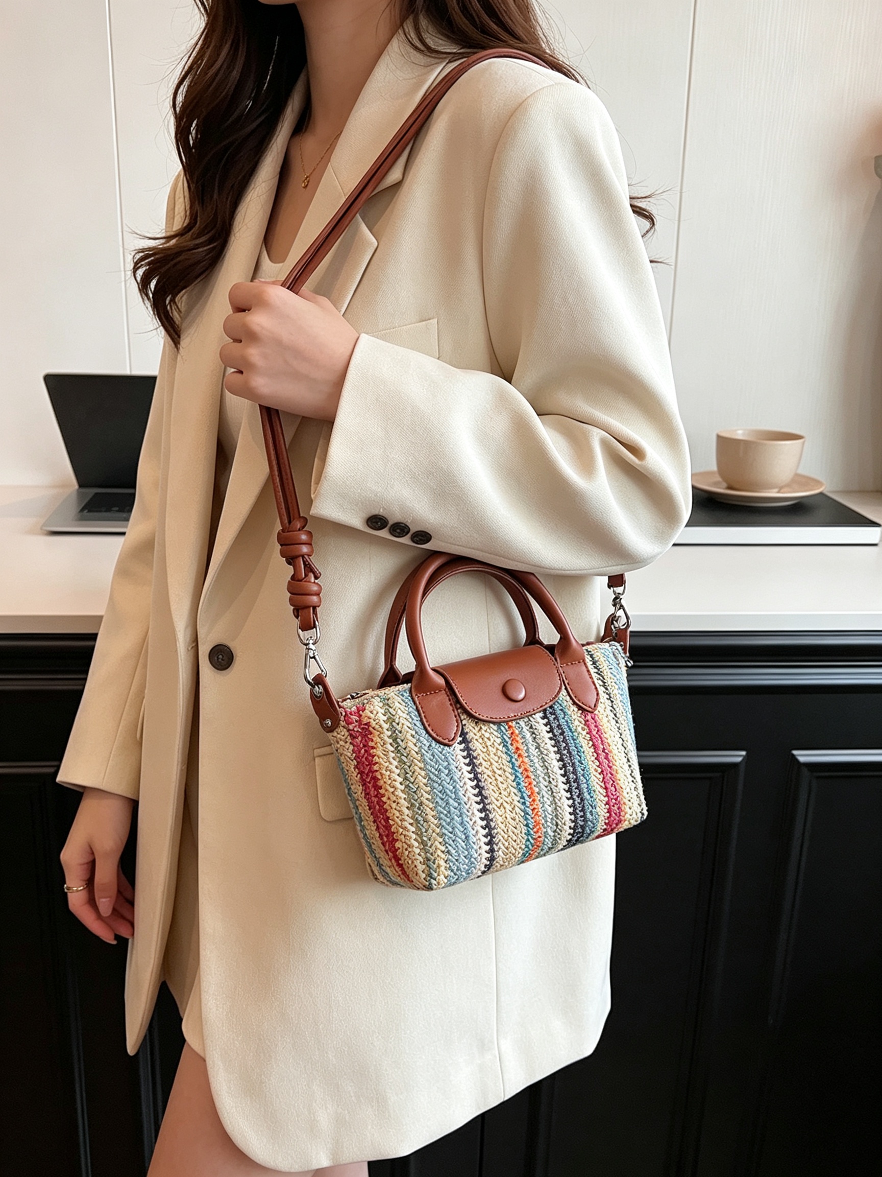 Textured Striped Straw Crossbody Bag