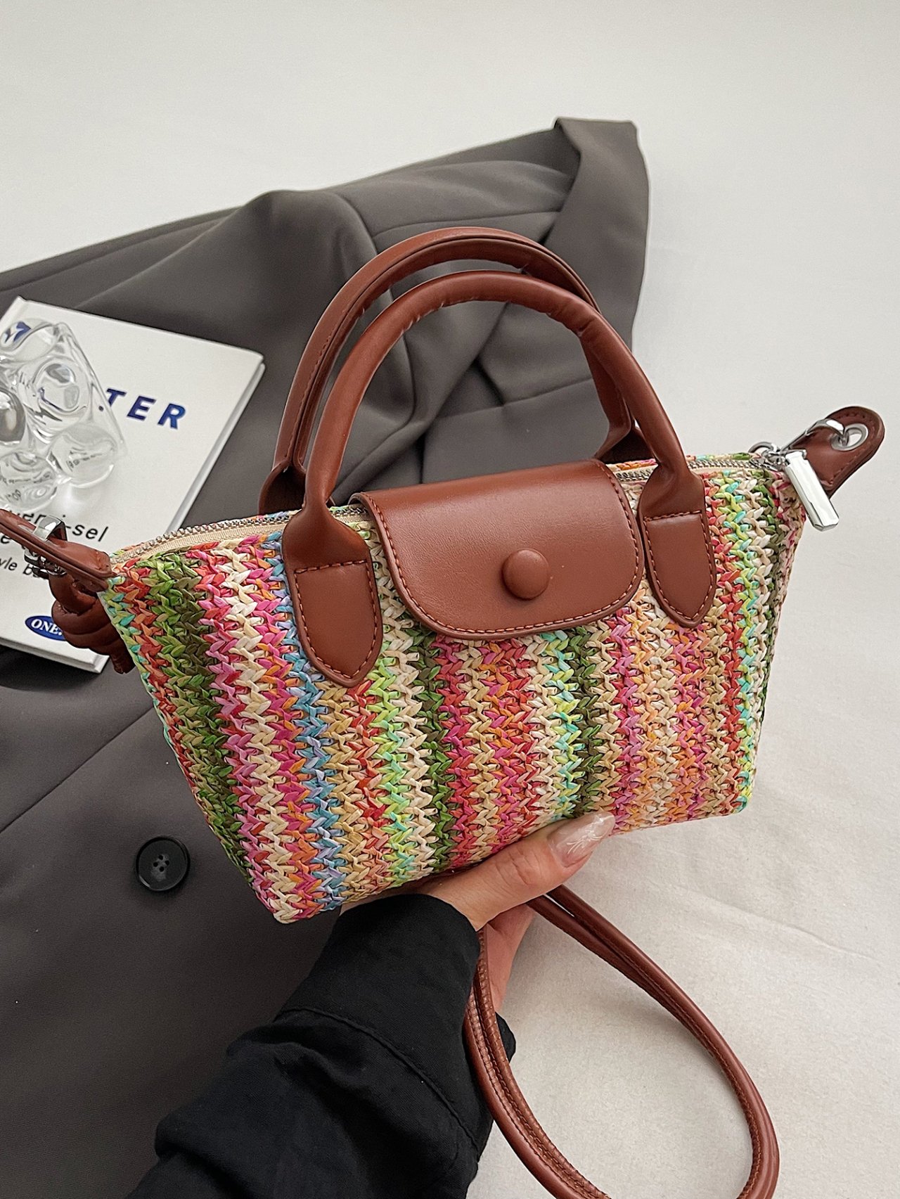Pink Textured Crossbody Bag with Faux Leather Trim