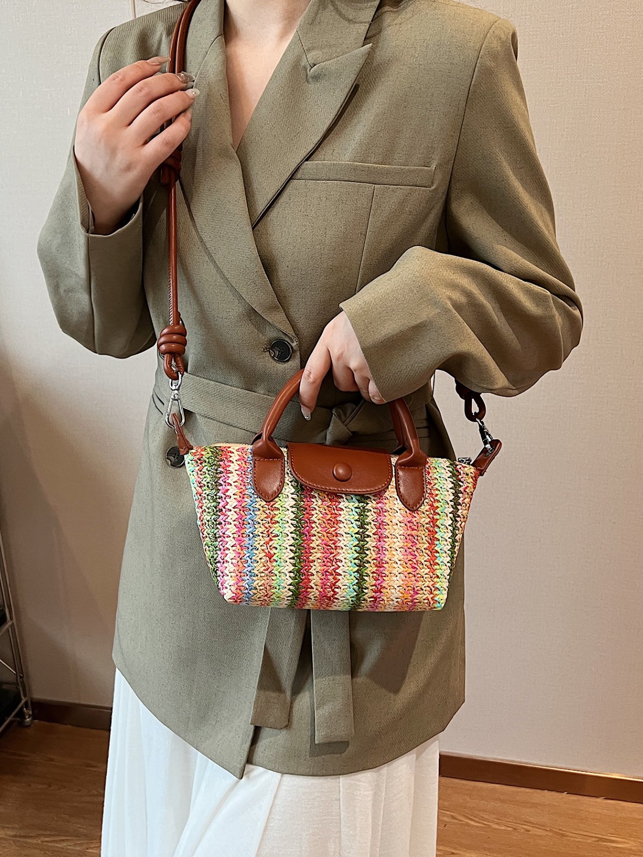 Pink Textured Crossbody Bag with Faux Leather Trim