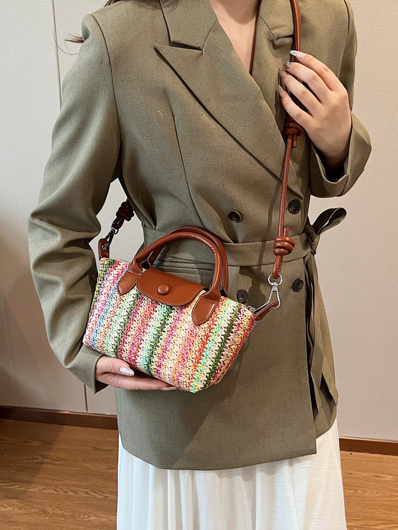 Pink Textured Crossbody Bag with Faux Leather Trim