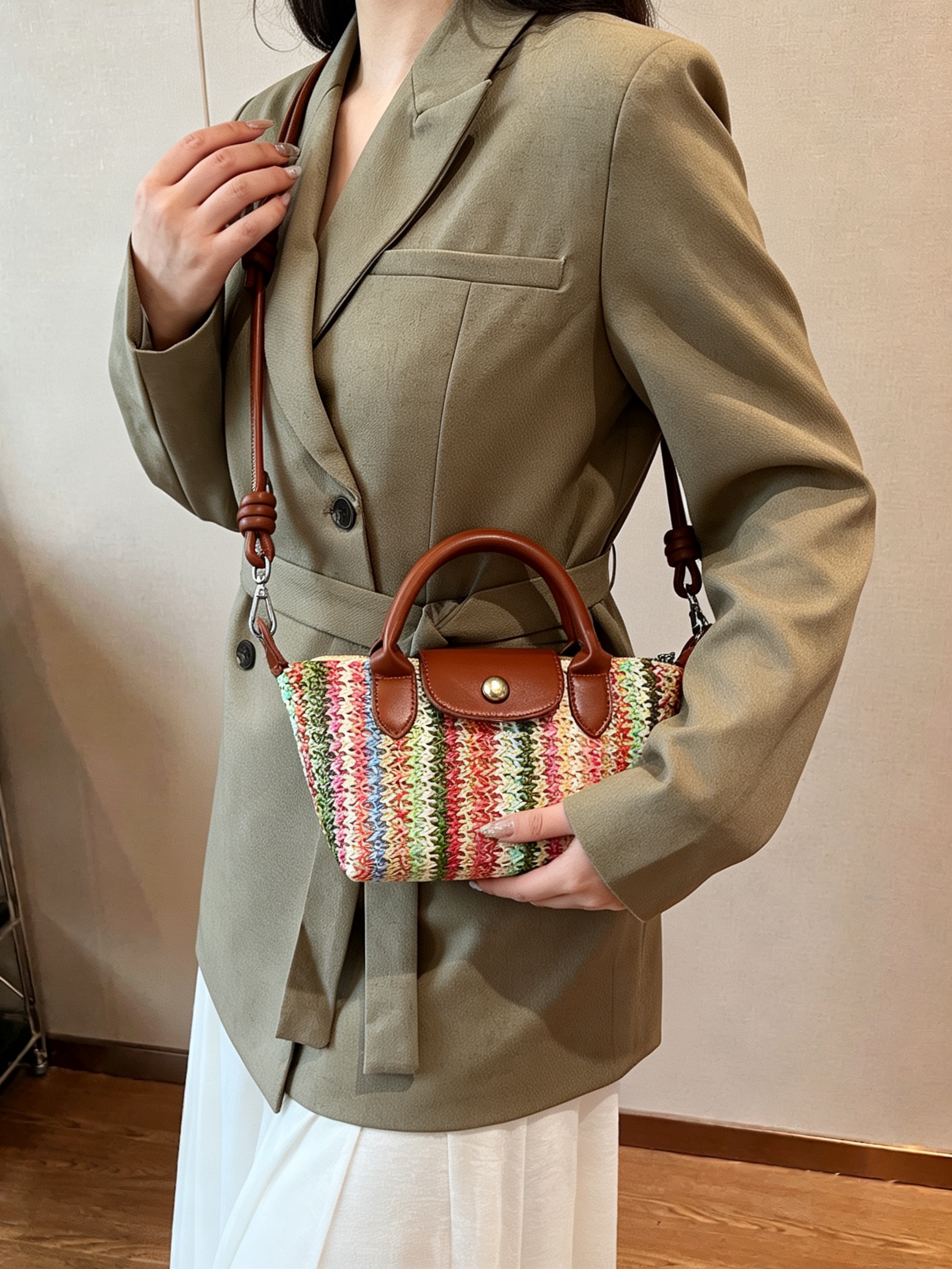 Pink Textured Crossbody Bag with Faux Leather Trim