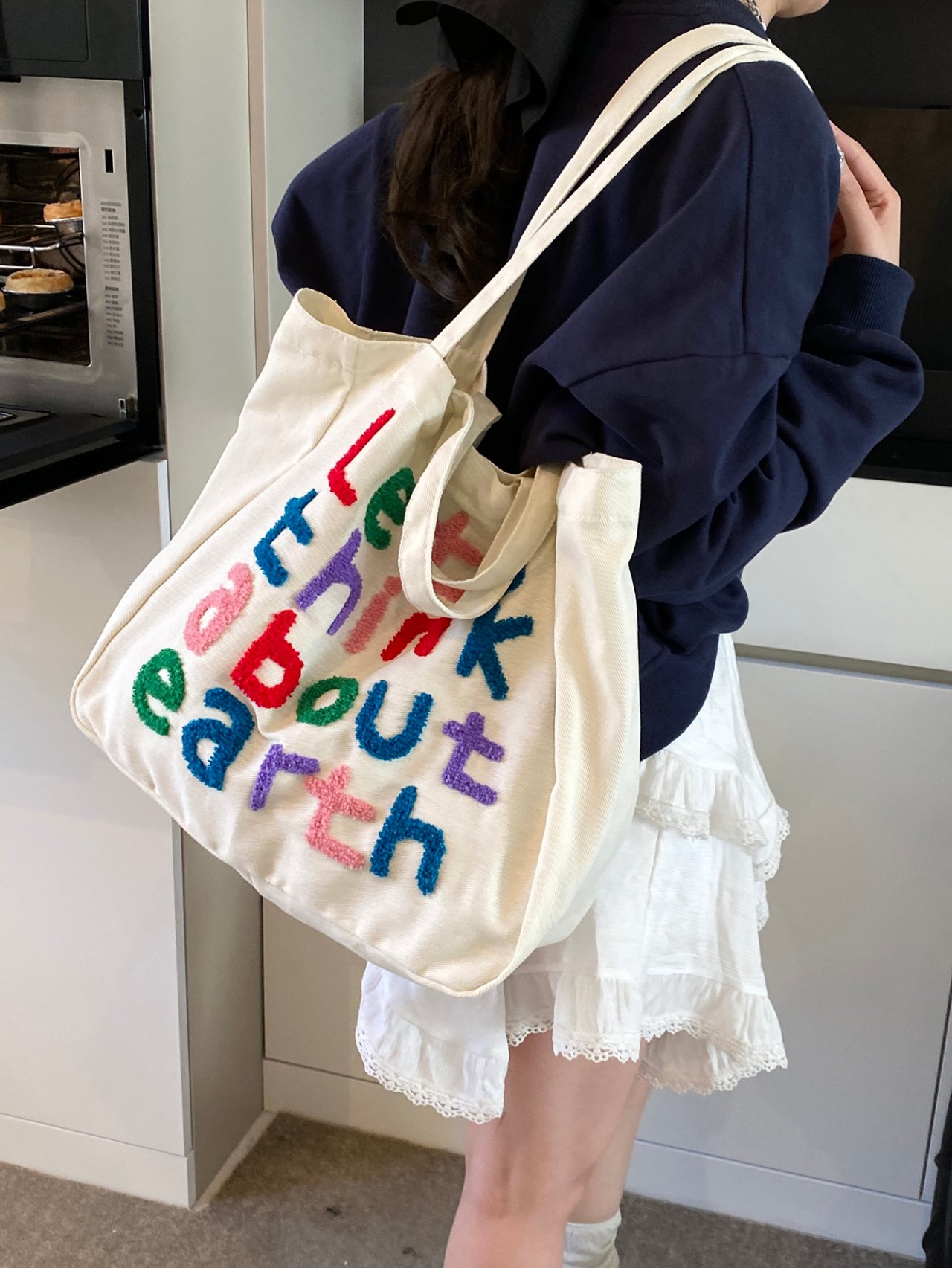 White Canvas Tote Bag with Embroidery