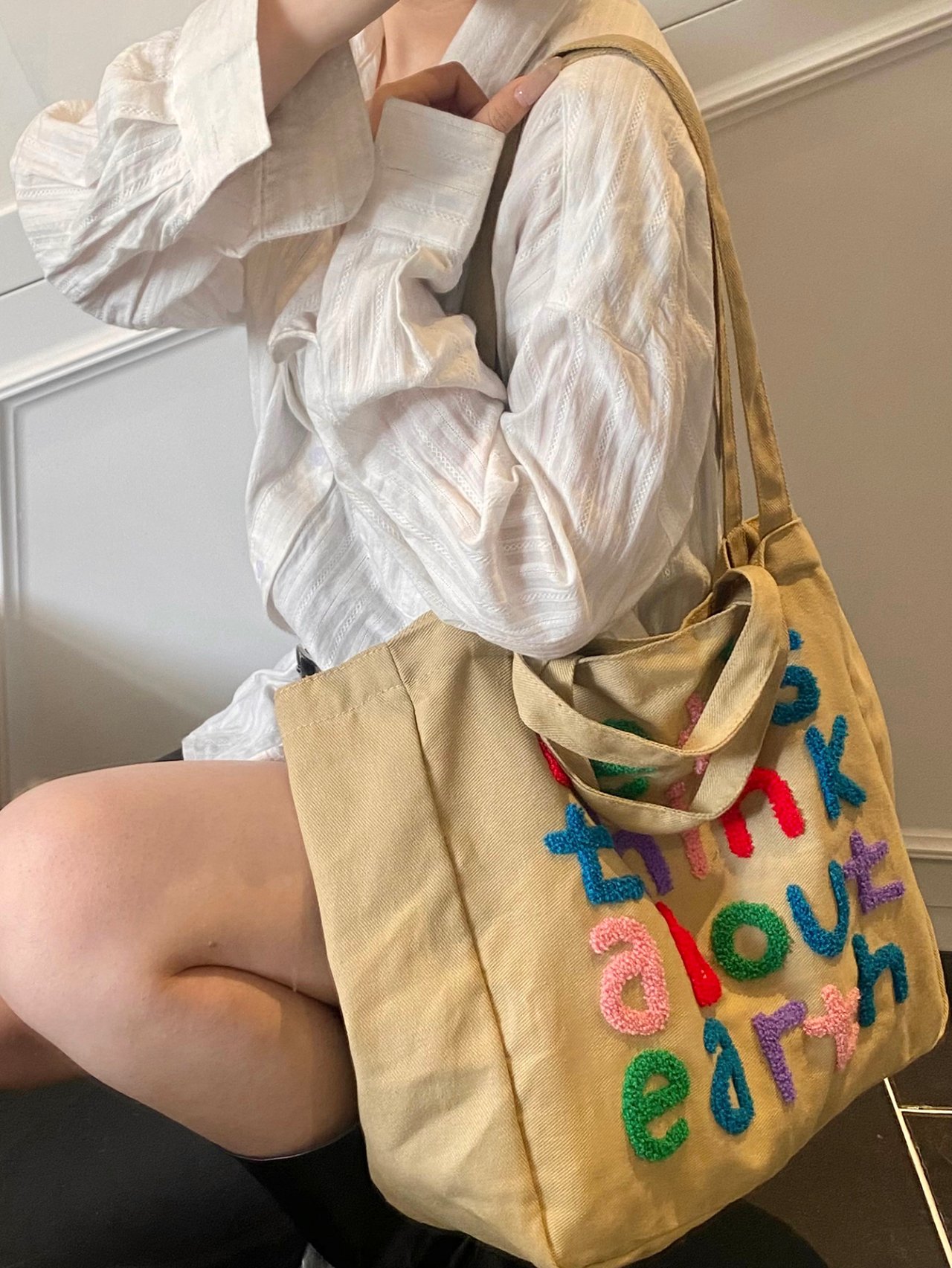 Khaki Shoulder Bag with Colorful Embroidered Text