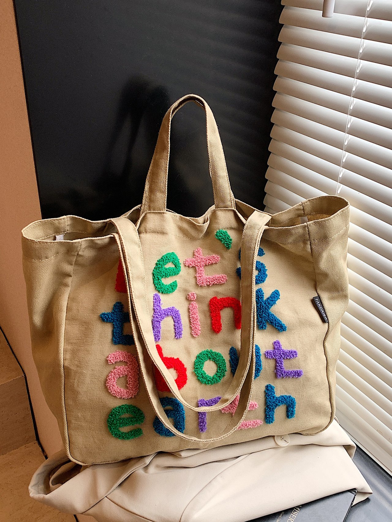 Khaki Shoulder Bag with Colorful Embroidered Text