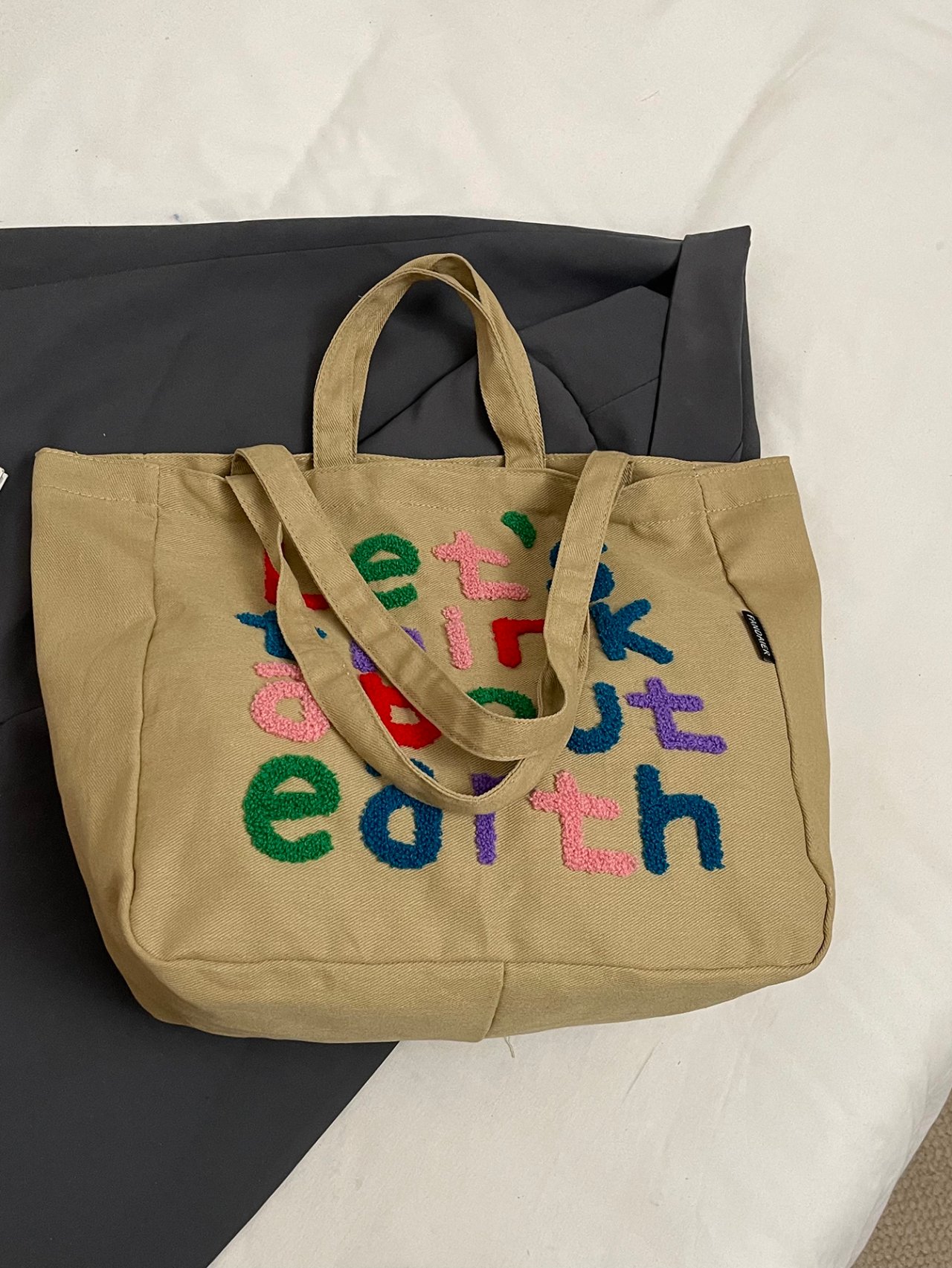Khaki Shoulder Bag with Colorful Embroidered Text