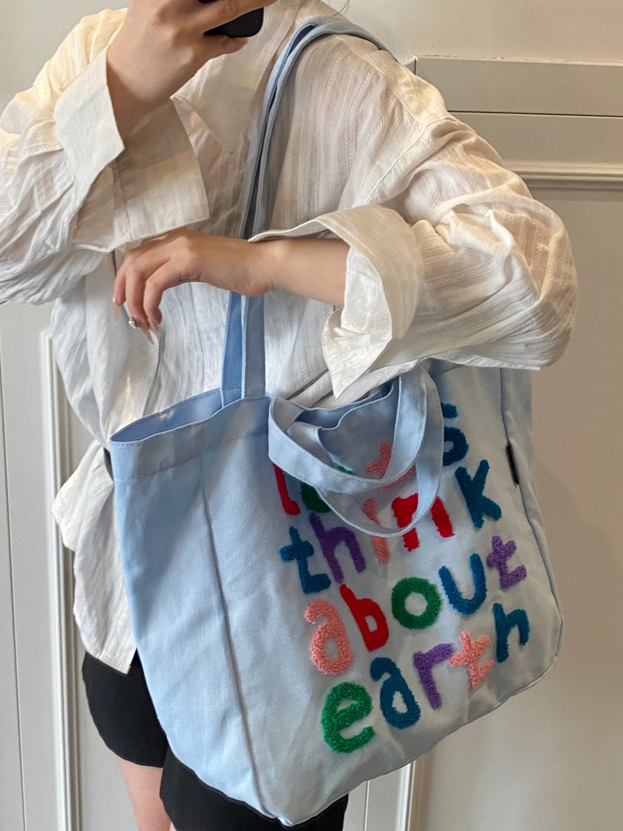 Blue Earth-Inspired Embroidered Tote Shoulder Bag