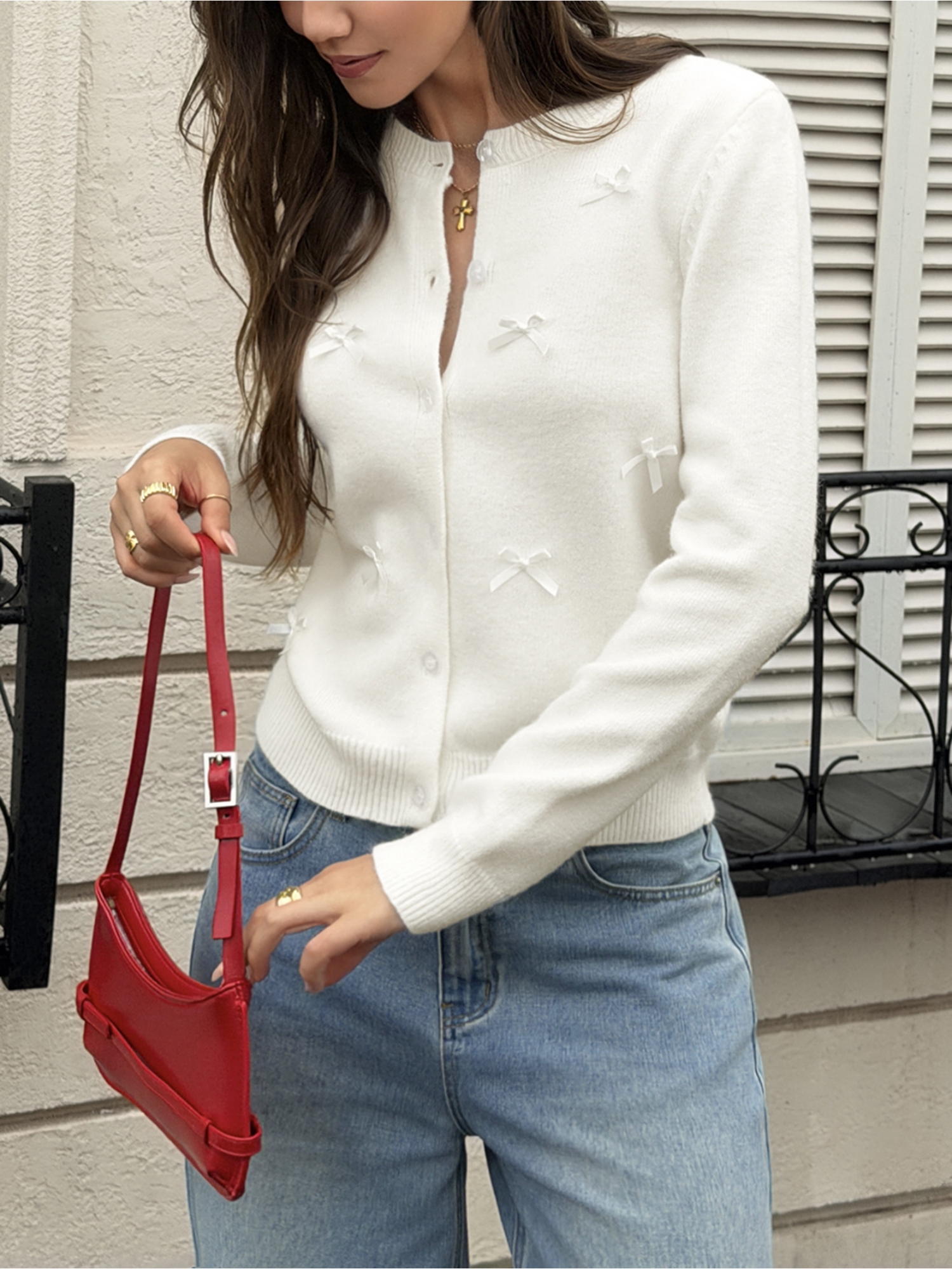 White Solid Bow-Detail Cardigan Top