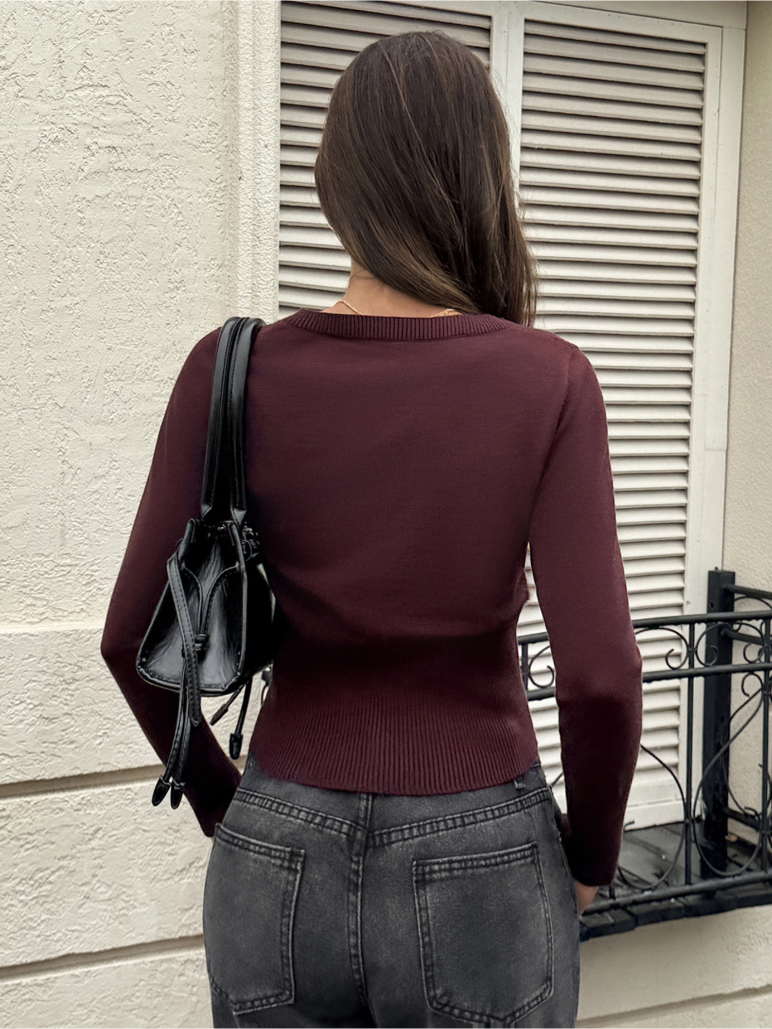 Brown Solid Button-Front Knit Cardigan Top