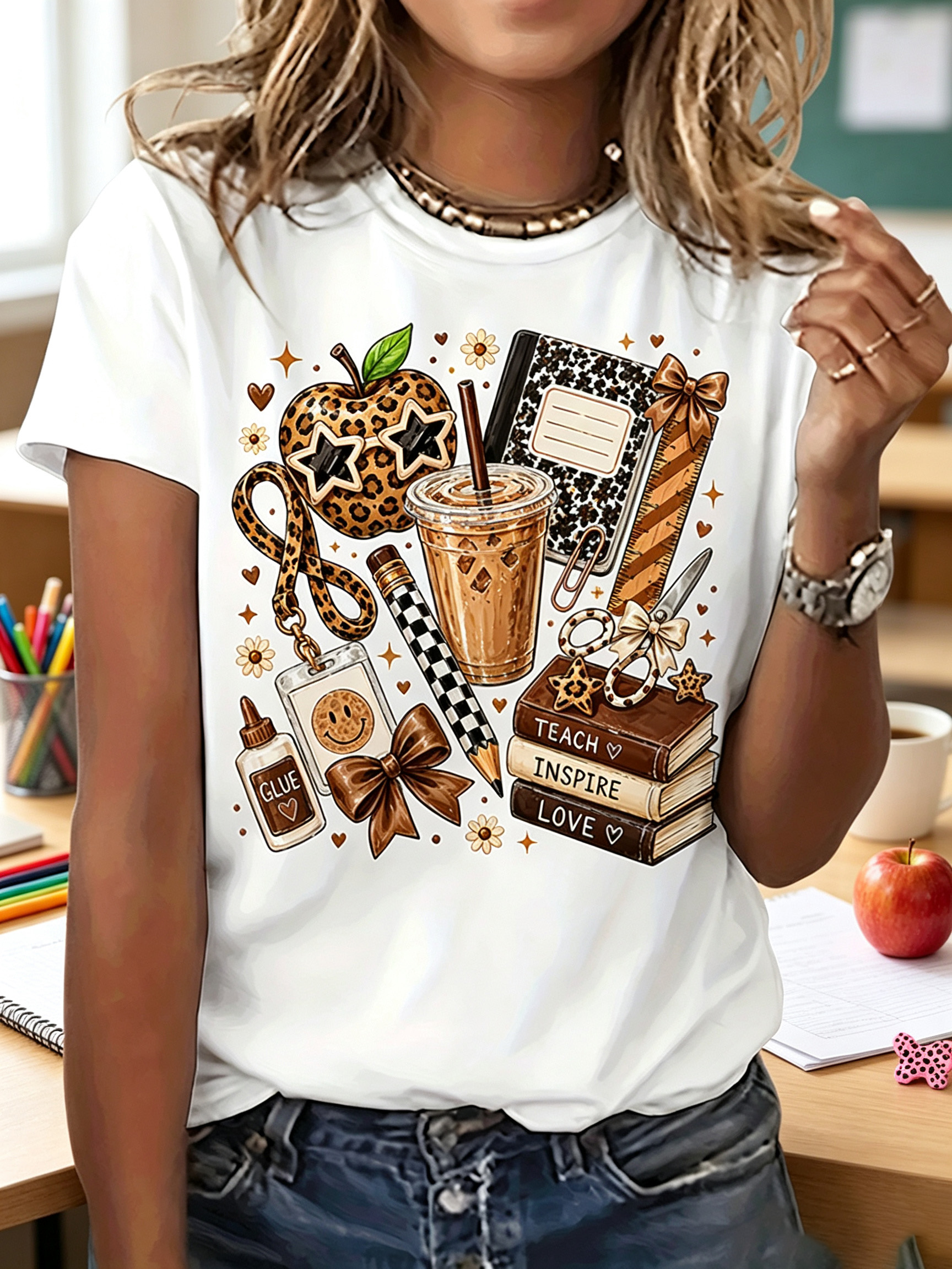 White Knitted Graphic print Short Sleeves T-Shirt