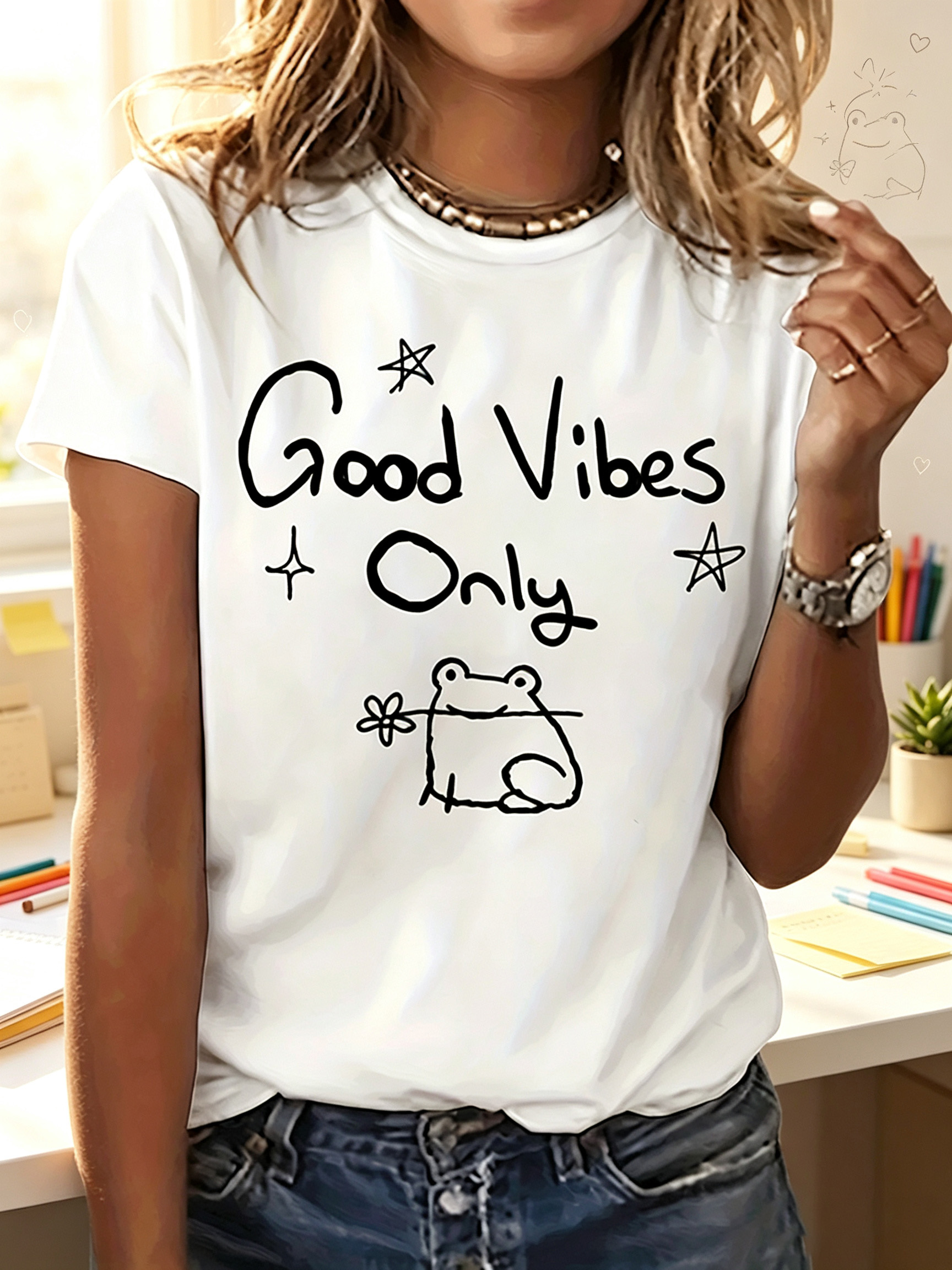 White Knitted Good Vibes Only Graphic Round Neck T-Shirt