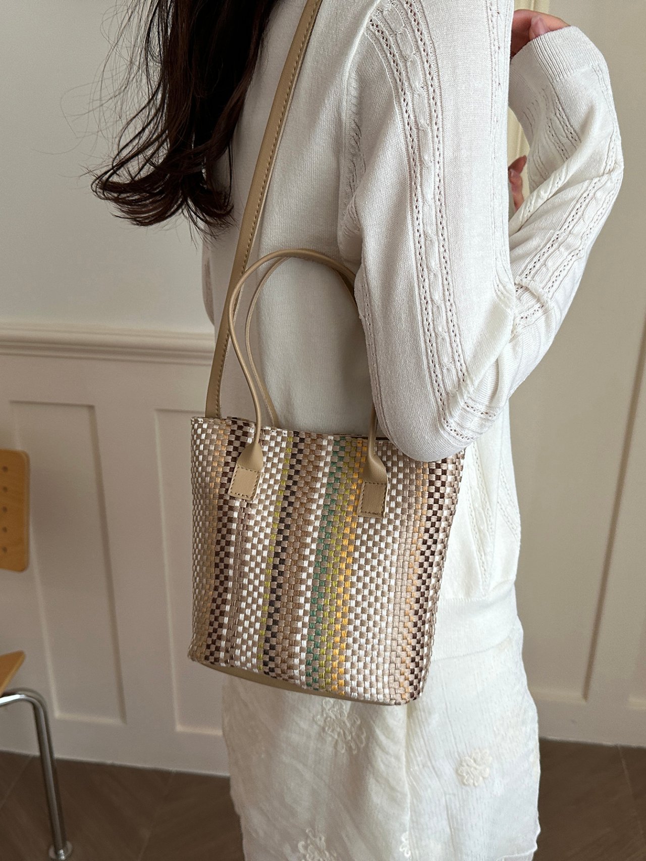 Khaki Woven Pattern Crossbody Bag