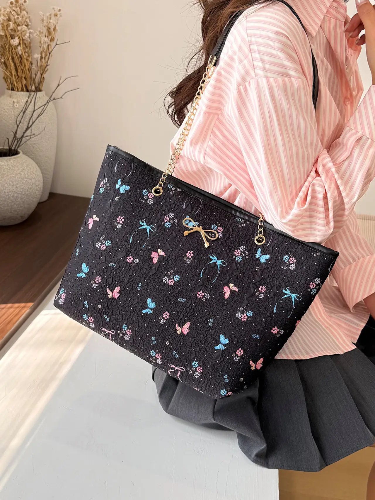 Black Textured Crossbody Bag with Butterfly and Bow Details