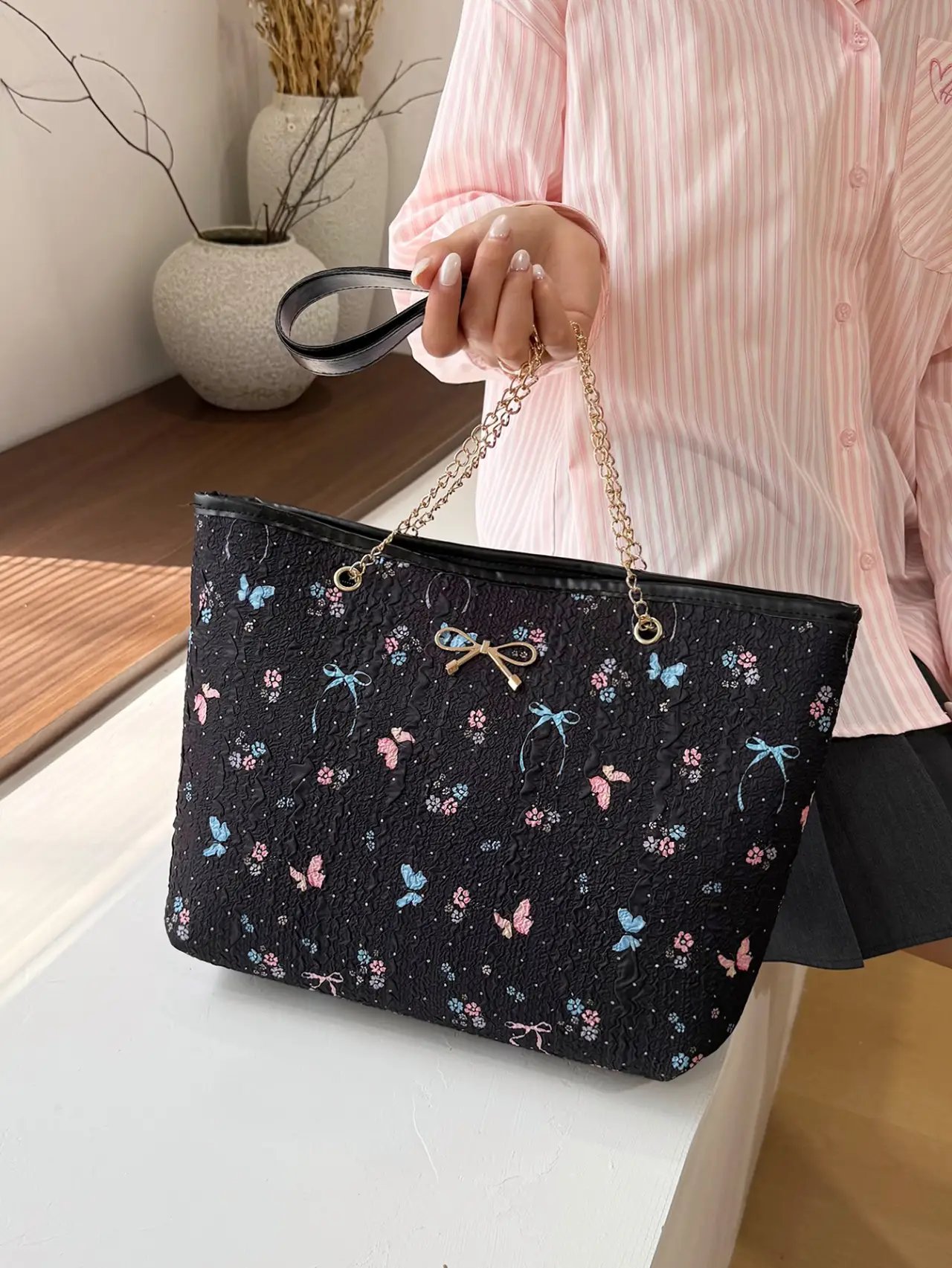 Black Textured Crossbody Bag with Butterfly and Bow Details