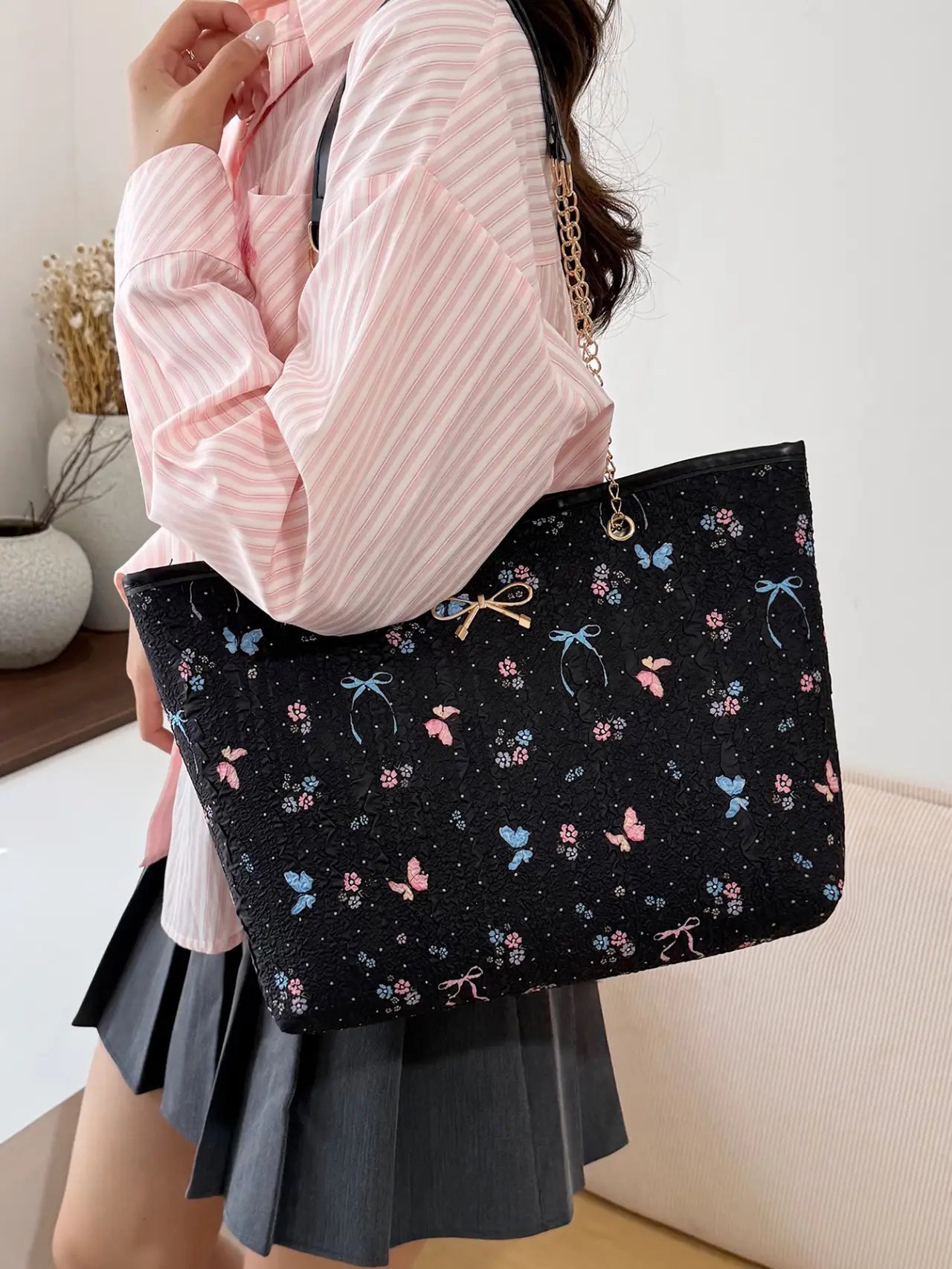 Black Textured Crossbody Bag with Butterfly and Bow Details