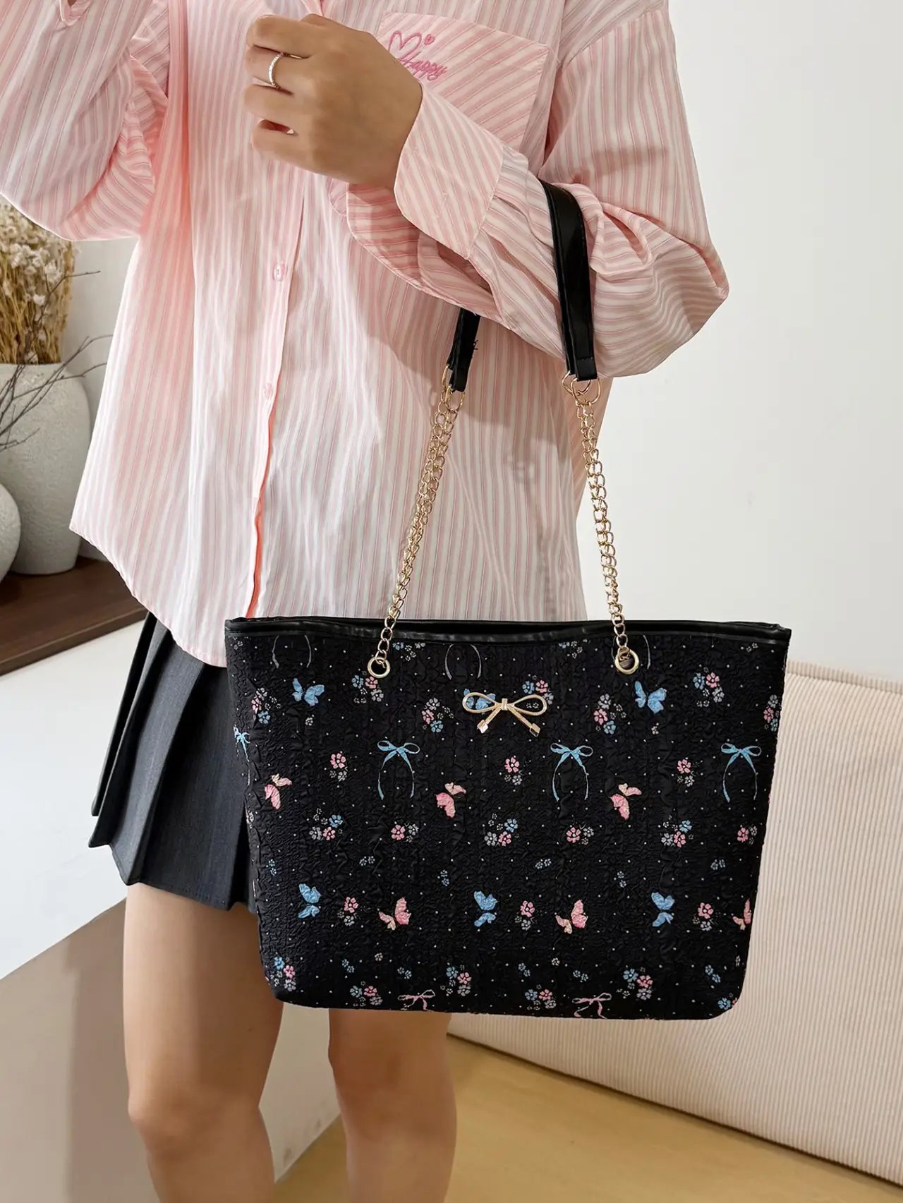 Black Textured Crossbody Bag with Butterfly and Bow Details