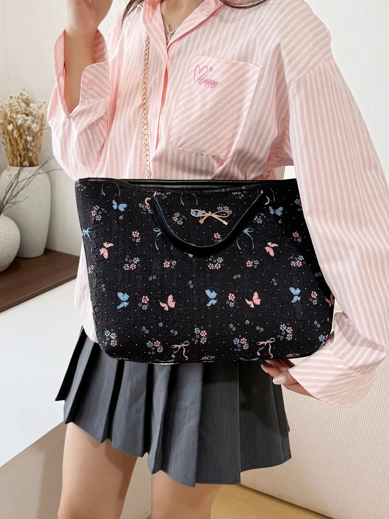 Black Textured Crossbody Bag with Butterfly and Bow Details