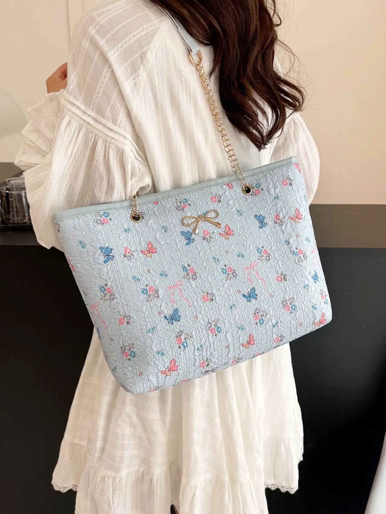Blue Butterfly Print Shoulder Bag