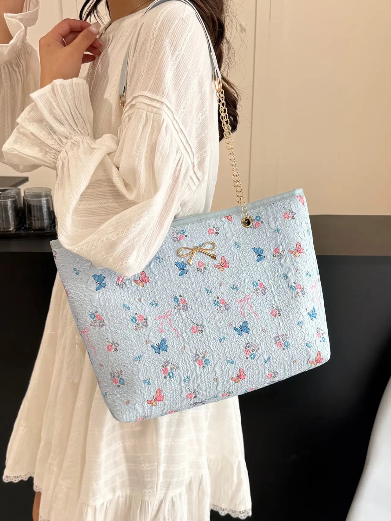Blue Butterfly Print Shoulder Bag